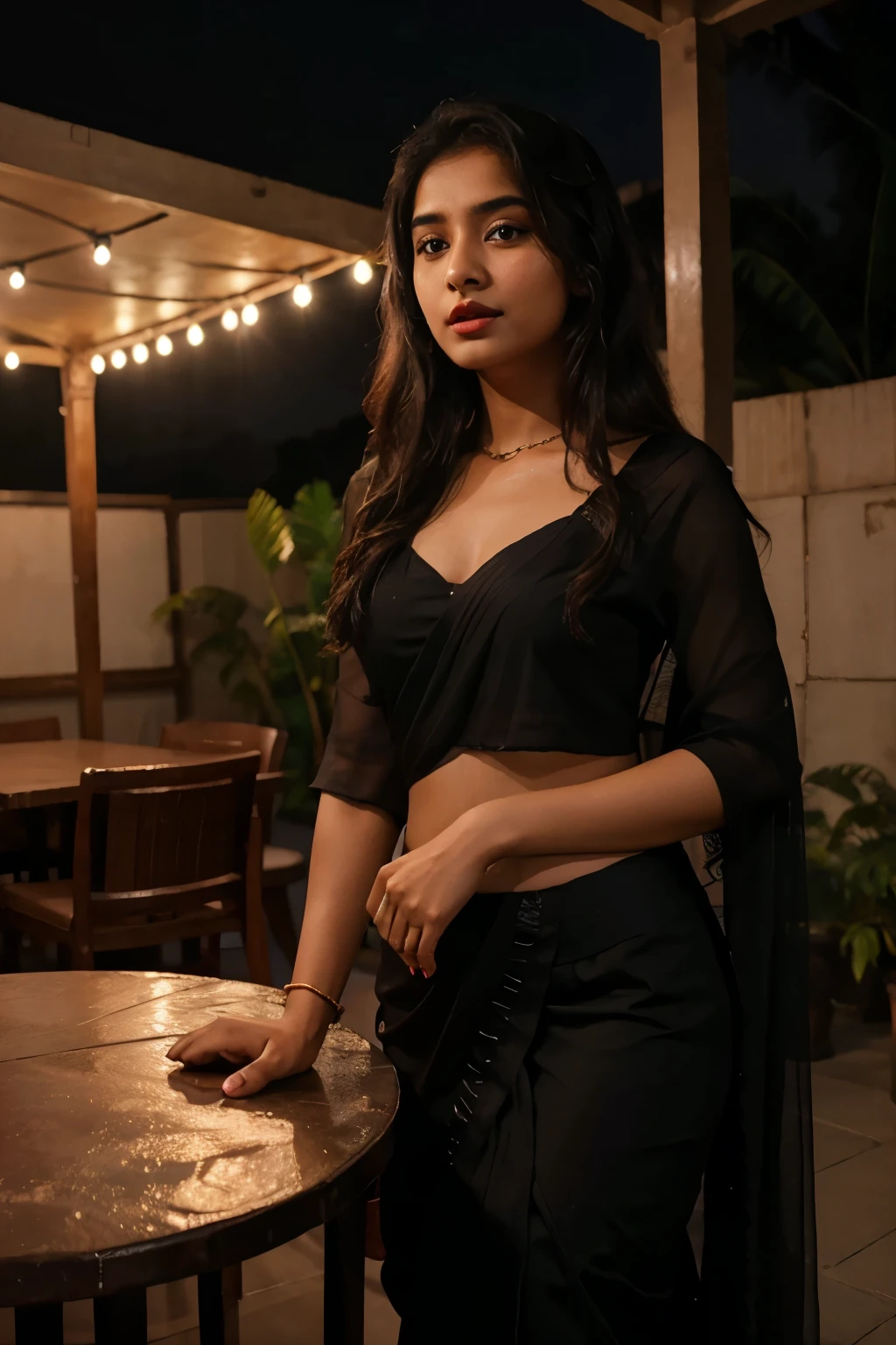 Indian teen girl ai cafe realistic black saree cinematic portrait night roof cafe red lipstick