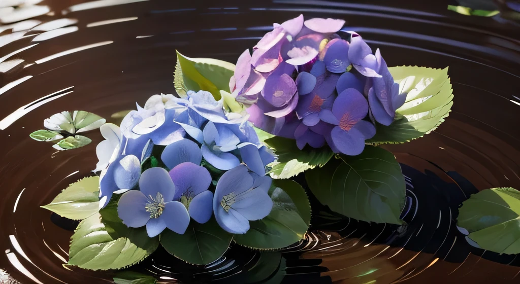 hydrangea、Purple hydrangea、Pink hydrangea、Stagnant water、Wet with water、wet and shining、Blue sky background、8k、highest quality、Realistic、Very delicate flower、