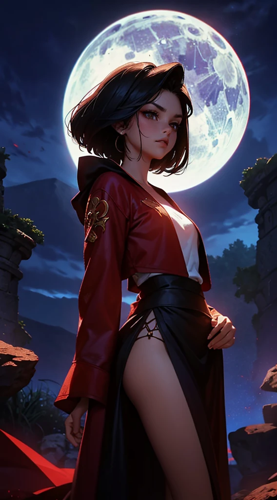 1 Cute Girl, 16 years old, short black hair, pale skin, bright red eyes, black robe, cute face, goddess, girl with goddess profile, cosmic background, skin similar to a starry sky
