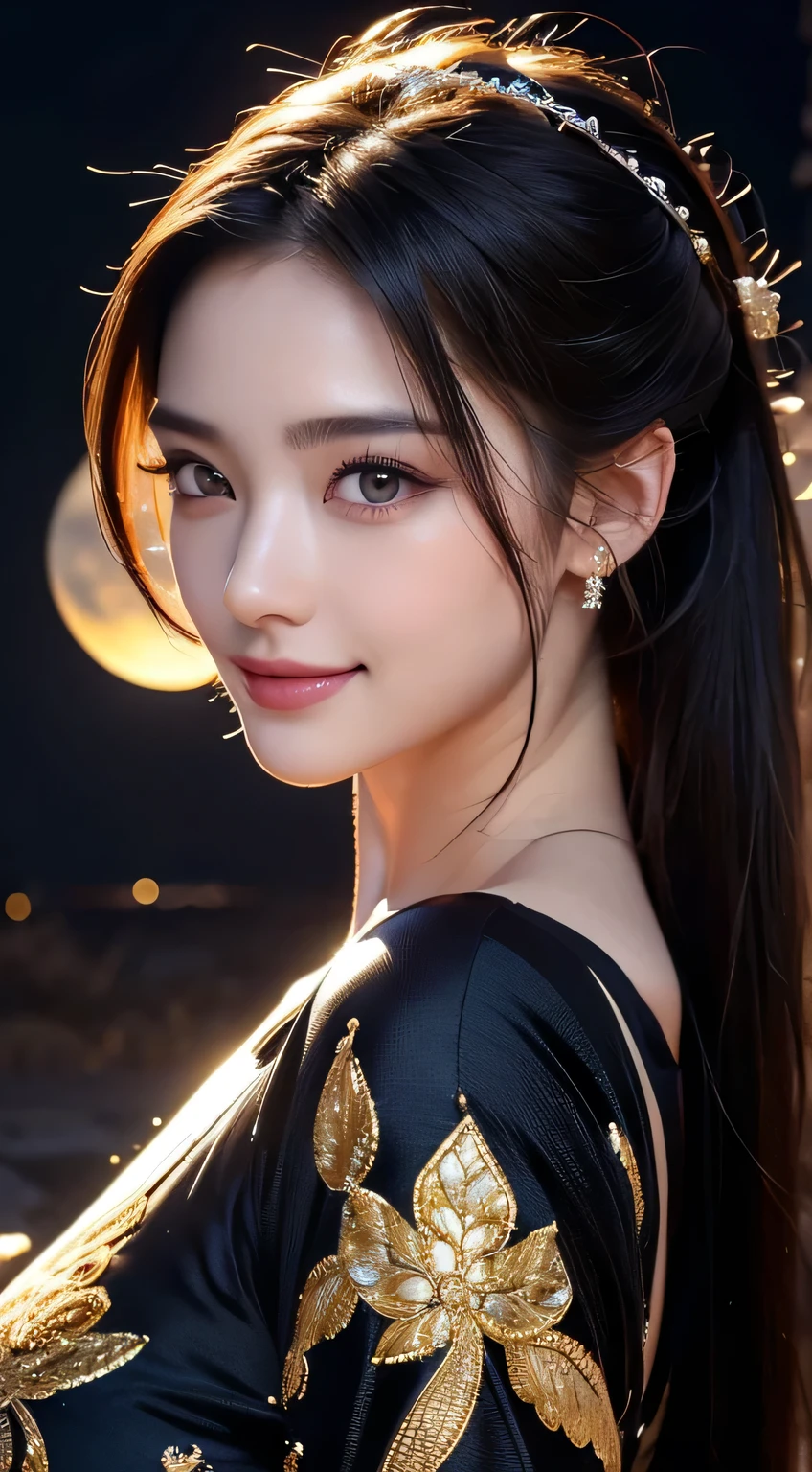 Kimono beauty, body portrait, 8k, thin and beautiful eyes, Dindal effect, masterpiece, top quality, high quality, high resolution, very detailed photo, (natural skin texture, fine skin, hyper realism, super sharpness) , high detail skin, (very fine, fine skin texture, intricate details, beautiful face, (real-like face), realistic eyes, beautifully detailed eyes, realistic skin, beautiful skin, surreal, Highly detailed, golden ratio, smiling eyes, ((night moonlight background)), body portrait, G cup, big breasts, huge breasts, big breasts, glamorous, shiny bodysuit
