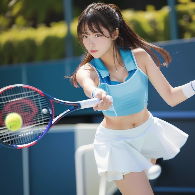 Photo-realistic quality、白いTennis Wearーを着てテニスボールを打つ20Age idol, a girl Playing tennis, Tennis Wear, Playing tennis, Japanese Model, West Shot, The moment of hitting the ball、Detailed and beautiful eyes、A soft and gentle look