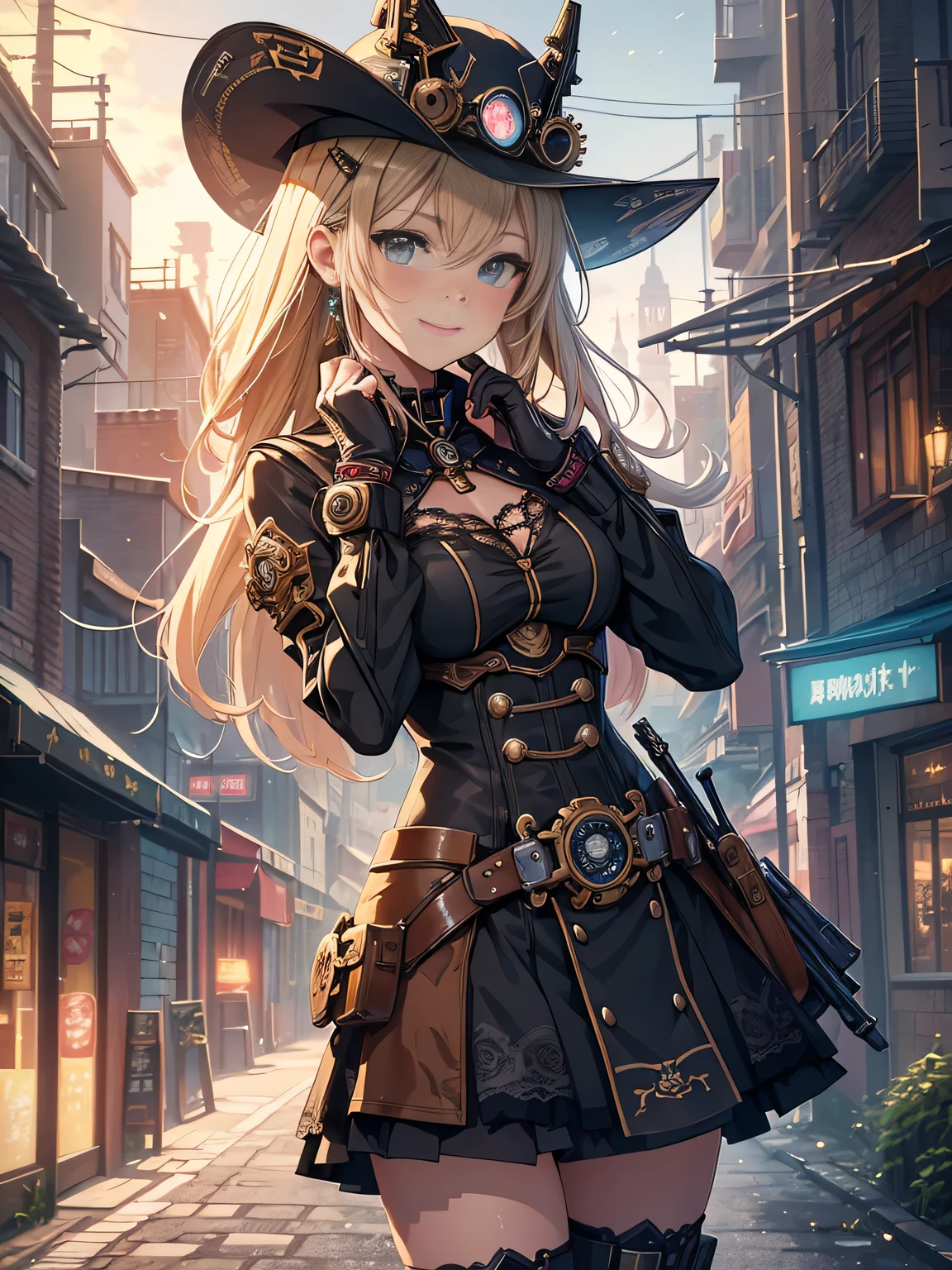 (Line art_anime),(Cowboy Shot,Low Angle, highest quality, ),(Laura Budd Photos:1.2),(Laura Add details:1.0),8k, Flat Color:0.8,1 girl,smile,(Highly decorative and complex mechanical steampunk fashion, Lace flare dolphin hat、goggleachinery background、Gear background、An elaborately mechanized steampunk cityscape 1.5),Cute pose,
