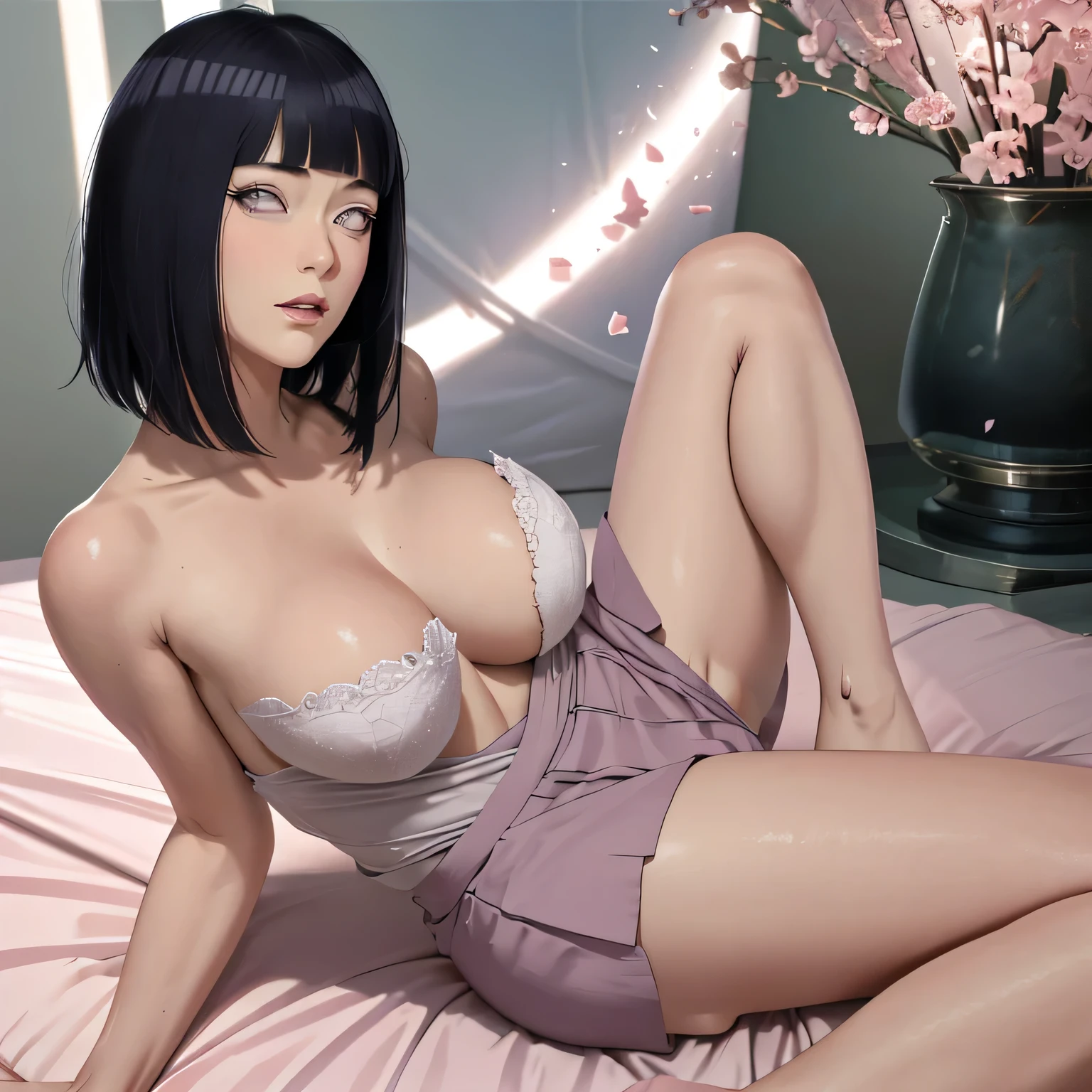 masterpiece, absurdity, Hinata\(boruto\), 1 Girl, One,mature woman, mother, high waist short skirt, I look at the viewer, (falling petals), perfect composition, detailed lips, big breasts, Beautiful face, body proportion, blush, (Pink lips), long hair,  Purple eyes,  soft look,  super realistic, detailed, photoshoot, realistic face and body, thigh high,naked,nude