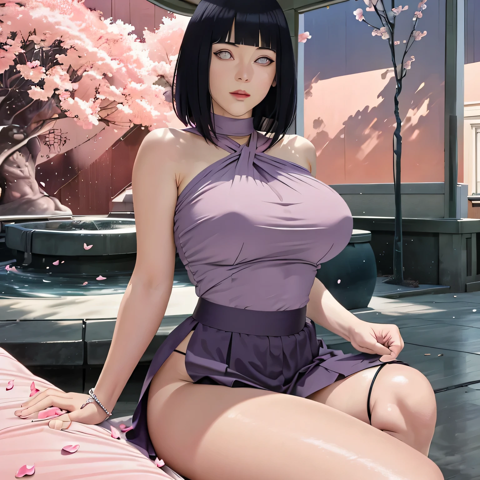 masterpiece, absurdity, Hinata\(boruto\), 1 Girl, One,mature woman, mother, high waist short skirt, I look at the viewer, (falling petals), perfect composition, detailed lips, big breasts, Beautiful face, body proportion, blush, (Pink lips), long hair,  Purple eyes,  soft look,  super realistic, detailed, photoshoot, realistic face and body, thigh high,naked,nude