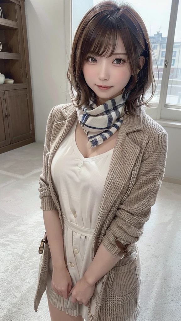 (masterpiece),(highest quality:1.2),One Girl,(Masseter muscle area:1.3),Exquisite detail, highest qualityの8K解像度, Super detailed, Realistic, Vibrant colors, Soft tones, Warm and gentle lighting,(Beautiful checked scarf:1.3),(Pleated pink ruffled ribbon dress,) (Brown long coat:1.2) evening,Big Sunset,(Smooth and straight brown hair:1.2),(Hair parted in the middle:1.3),(Shiny Hair),(Cute eyes:1.3),White skin, Barrette,Overflowing with soft and gentle feelings,(The promenade is full of flowers),The sun shines with joy and pure love, Warm golden glow,The atmosphere is full of happiness and laughter, As if celebrating love,超高精細な描写とVibrant colorsにこだわる. A style that combines romanticism and realism、You can feel the depth of love,Color Palette,Creates a dreamy and fantastical atmosphere,The lighting is soft and diffuse, Put a gentle light on your face,この作品はmasterpieceだ,