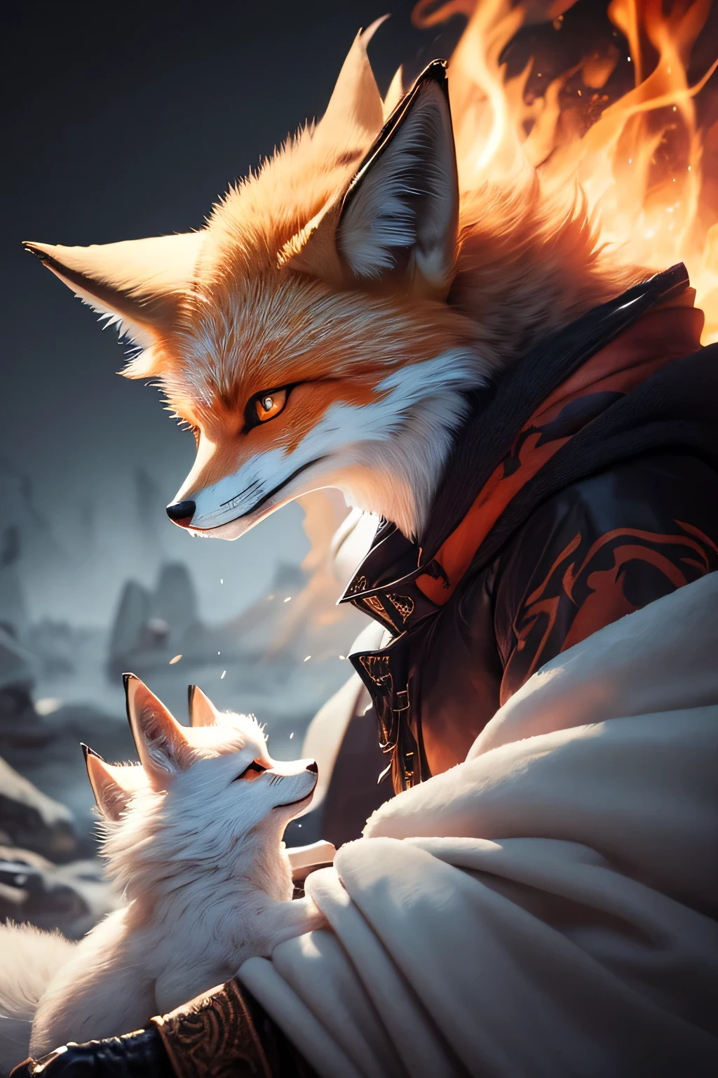 Fox Demon,animal,Down Jackets,Foxfire Curse,Familiar fox,Dreamy atmosphere,The most beautiful form of chaos,Perfect profile,masterpiece,Perfect lighting,Charming smile,grace,Handsome,Down Jackets with Flame,Looking at the flame in his hand,