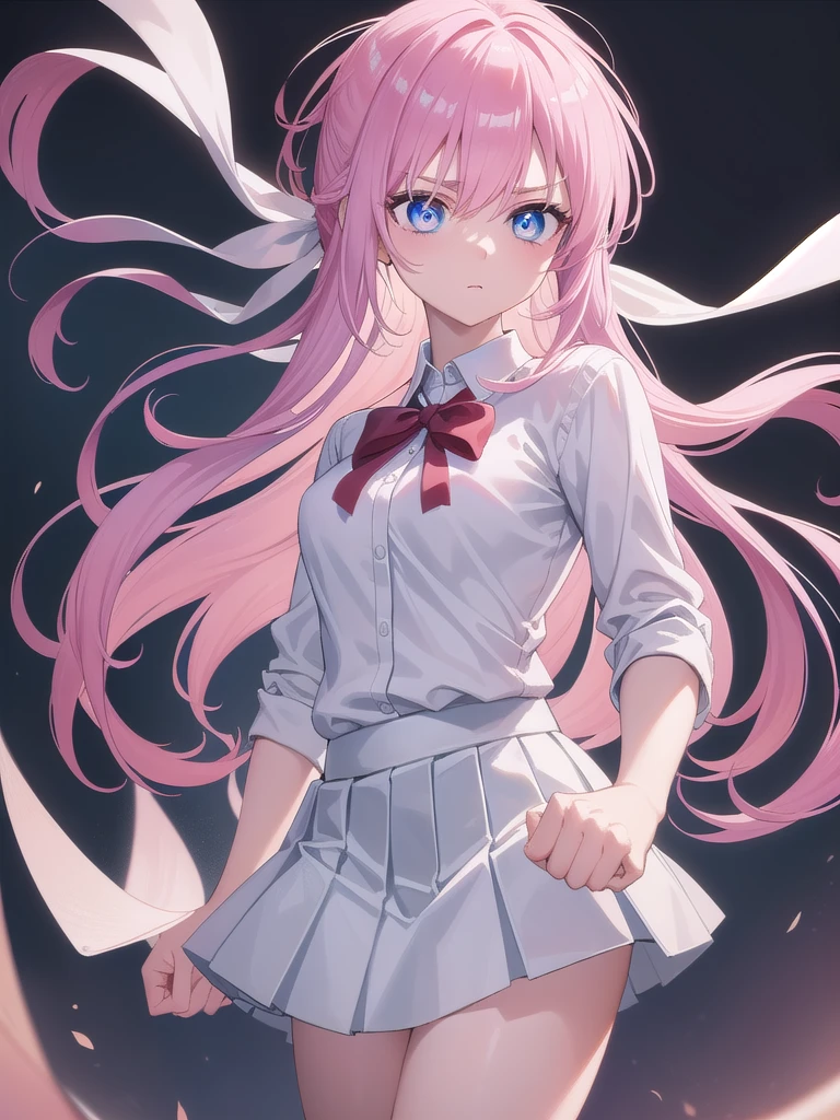 no background,white background,miyakoshikimori(1:5), miyako shikimori, long hair, blue eyes, hair between eyes, pink hair, break skirt, shirt, , white shirt, pleated skirt, collared shirt, sweater, gray skirt, ribbon, red ribbon, BREAK White background,break (masterpiece:1.2), highest quality, High resolution, unity 8k wallpaper, (figure:0.8), (detailed and beautiful eyes:1.6), highly detailed face, perfect lighting, Very detailed CG, (perfect hands, perfect anatomy),