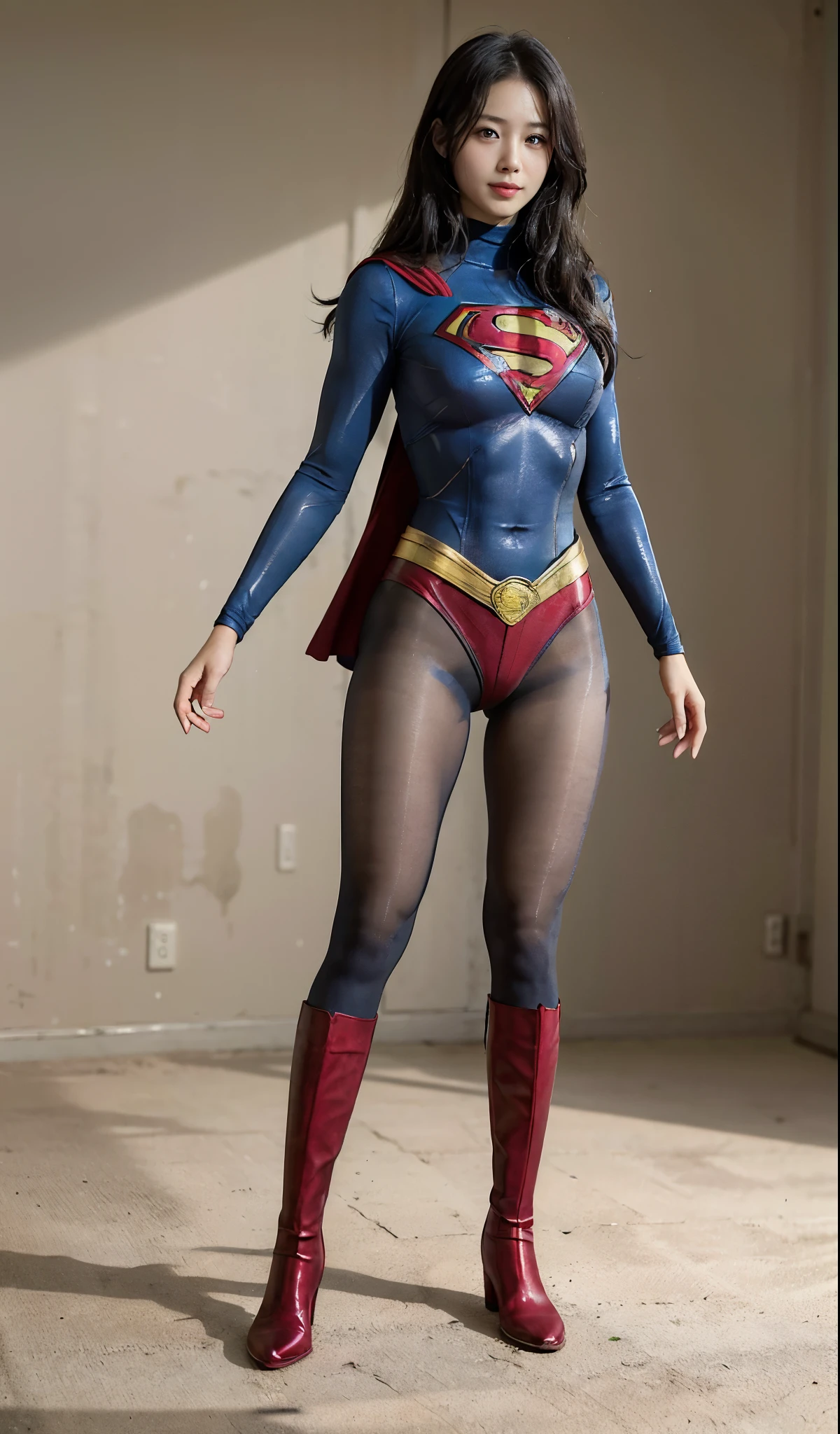 No background、(((Beautiful legs in black tights.)))、(((Legally express the beauty of your smile)))、((((Make the most of your original images)))、(((Supergirl Costume)))、(((Beautiful Hair)))、(((suffering)))、(((Please wear black tights....、Wear red boots)))、((Best image quality、8k))、((highest quality、8k、masterpiece:1.3))、(((Preserve background )))、Sharp focus:1.2、Beautiful woman with perfect figure:1.4、Slim Abs:1.2、Wet body:1.5、Highly detailed face and skin texture、8k