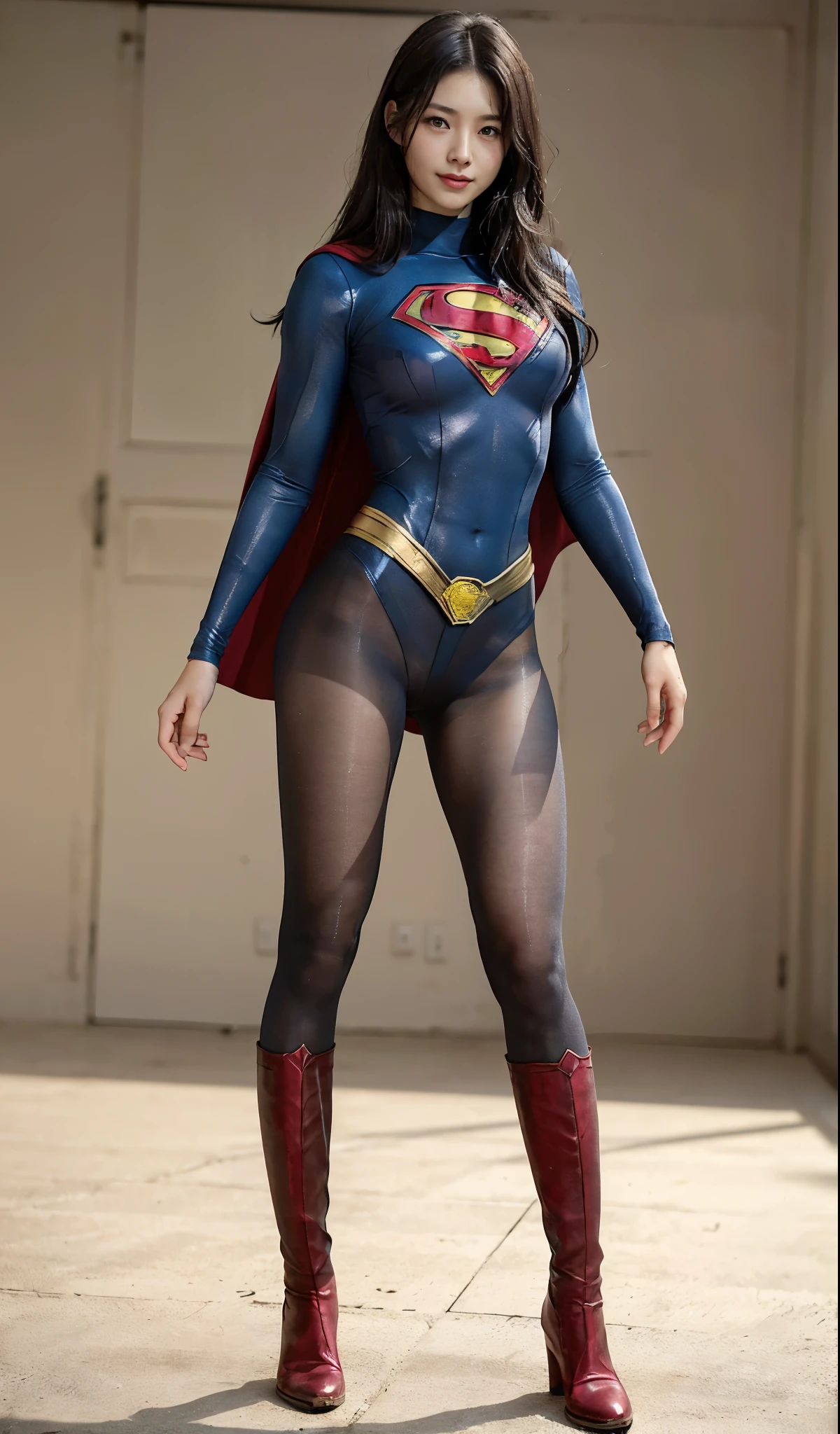 No background、(((Beautiful legs in black tights.)))、(((Legally express the beauty of your smile)))、((((Make the most of your original images)))、(((Supergirl Costume)))、(((Beautiful Hair)))、(((suffering)))、(((Please wear black tights....、Wear red boots)))、((Best image quality、8k))、((highest quality、8k、masterpiece:1.3))、(((Preserve background )))、Sharp focus:1.2、Beautiful woman with perfect figure:1.4、Slim Abs:1.2、Wet body:1.5、Highly detailed face and skin texture、8k