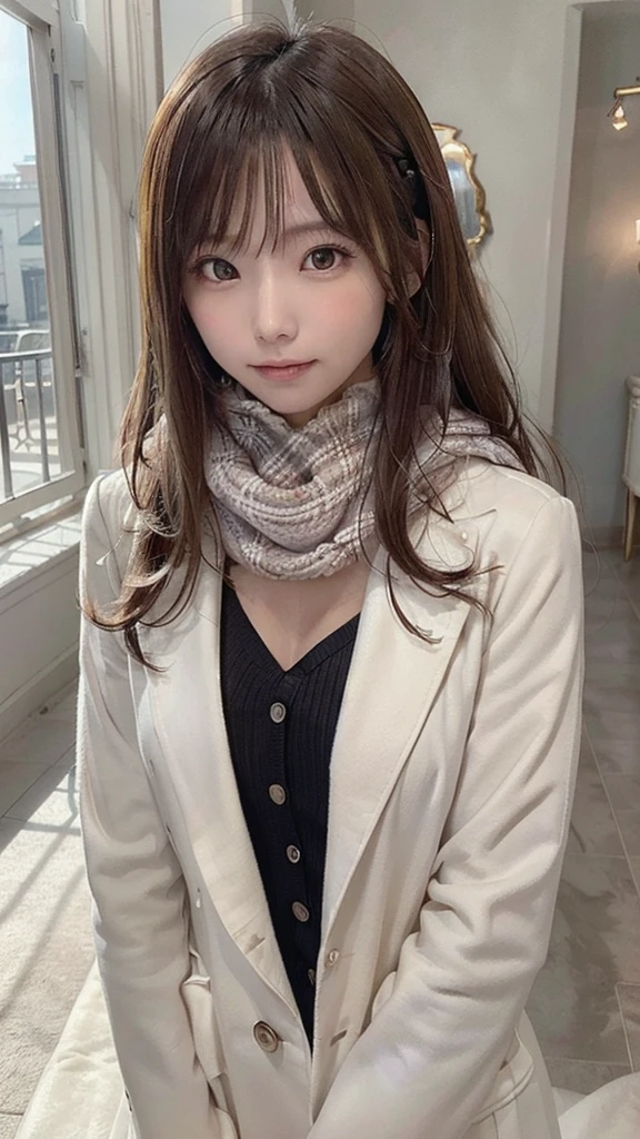 (masterpiece),(highest quality:1.2),One Girl,(Masseter muscle area:1.3),Exquisite detail, highest qualityの8K解像度, Super detailed, Realistic, Vibrant colors, Soft tones, Warm and gentle lighting,(Beautiful checked scarf:1.3),(Pleated pink ruffled ribbon dress,) (Brown long coat:1.2) evening,Big Sunset,(Smooth and straight brown hair:1.2),(Hair parted in the middle:1.3),(Shiny Hair),(Cute eyes:1.3),White skin, Barrette,Overflowing with soft and gentle feelings,(The promenade is full of flowers),The sun shines with joy and pure love, Warm golden glow,The atmosphere is full of happiness and laughter, As if celebrating love,超高精細な描写とVibrant colorsにこだわる. A style that combines romanticism and realism、You can feel the depth of love,Color Palette,Creates a dreamy and fantastical atmosphere,The lighting is soft and diffuse, Put a gentle light on your face,この作品はmasterpieceだ,