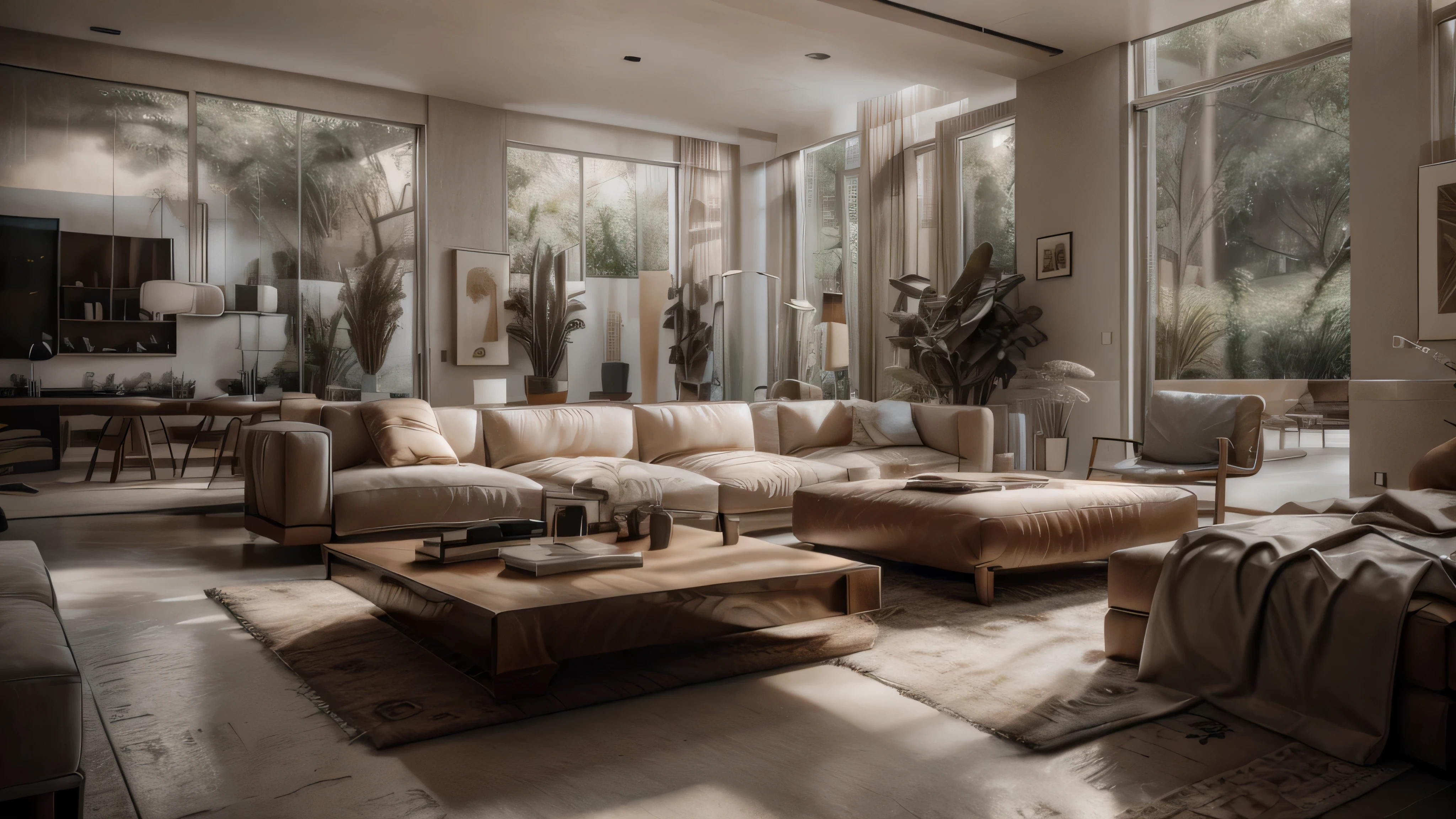 A spacious living room with clean lines, a neutral color palette, and minimal furniture. Emphasize open space, natural light, and functional design with a sleek, contemporary sectional sofa, a low-profile coffee table, and a simple TV console. Add a few modern art pieces and a large area rug in neutral tones.