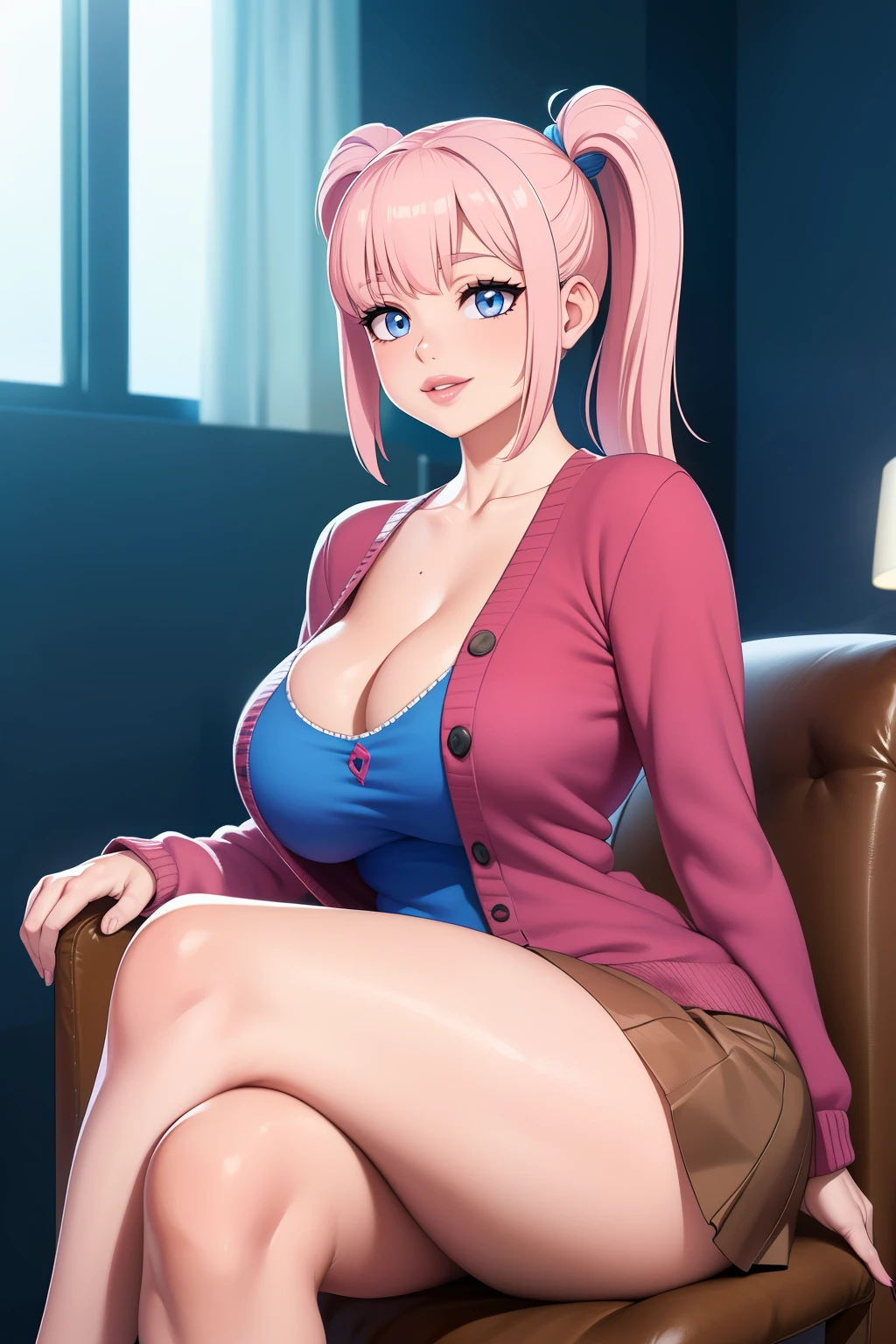 pelo color rosa, pelo color rosa intenso, cabello rosado, ojos azules intenso, ojos color azul, intense blue eyes, electric blue eyes, color de ojos azules, labios enormes, labios hinchados, double ponytails hairstyle, double ponytails, pechos grandes, pechos enormes, Figura de reloj de arena, (cintura estrecha), confianza, superioridad, Palo de golf, malcriado, bully, muslos gruesos, pendientes, arriba, diafragma, Bermudas, sonrisa, medio plano, evil sonrisa, cara de gemido, cardigan, Falda ajustada, falda larga, brown skirt, grande , from the Frente, en terapia (Terapeuta, sentada en una silla, realistic lighting), pechos grandes, caderas grandes, crossed legs, legs crossed, Front, from the front