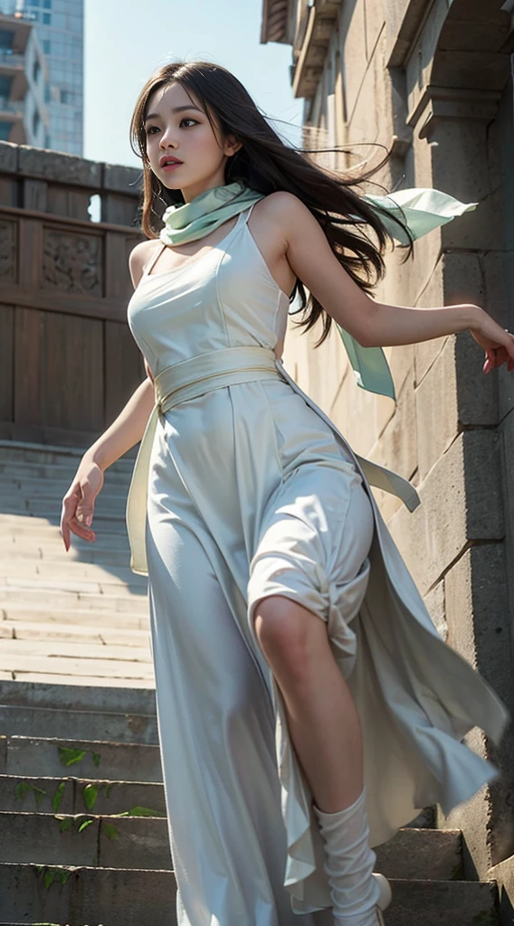 masterpiece, highest quality, Realistic, (1 girl: 1.3), green、Money、White clothes, Shawl Long Hair, Jump, leap, dance, green、Money、White clothes, Long skirt, Long scarf, Flowing, Light Armor, Pure white skin, Exposing shoulders, whole body, (From below:1.5), martial arts, dynamics, inflammation, particle