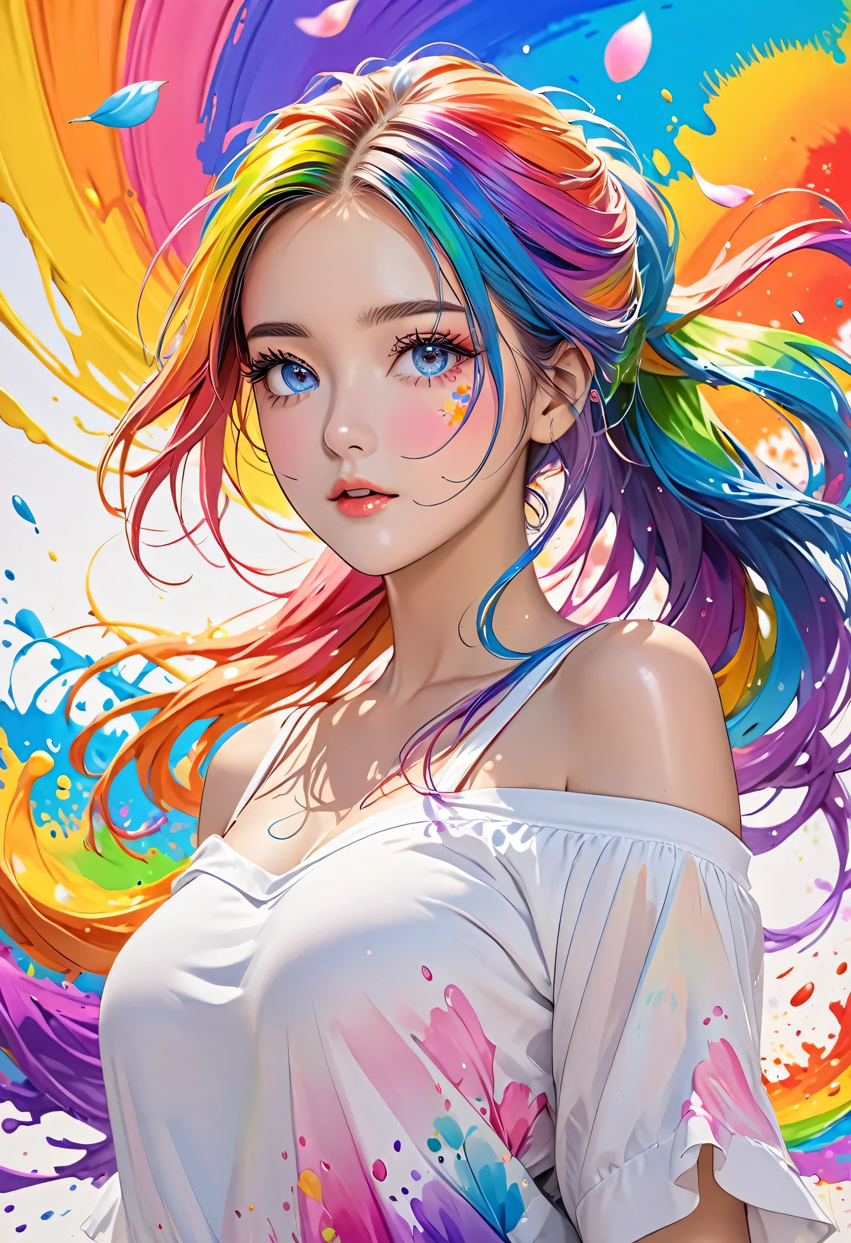 （Pink Fashion T-shirt：1.9），(Colorful hair: 1.8), (all the colours of the rainbow: 1.8),(((((vertical painting：1.6))), （painting：1.6），front, comics, illustrations, paintings, large eyes, crystal clear eyes,（ rainbow color gradient high ponytail：1.7）, exquisite makeup, closed mouth,(Small Fresh: 1.5),(Wipe Chest: 1.6) ，long eyelashes, white off shoulder T-shirt, White Shoulder Shirt，looking at the audience, large watery eyes, (rainbow colored hair：1.6), color splash, （solo：1.8）, color splash, color explosion, thick paint style, messy lines, ((shining))，(colorful), (colorful), (colorful), colorful, Thick Paint Style, (Splash) (Color Splash), Vertical Painting, Upper Body, Paint Splash, Acrylic Pigment, Gradient, Paint, Highest Image Quality, Highest Quality, Masterpiece, Solo, Depth of Field, Face Paint, colorful clothes, (Elegant: 1.2), gorgeous,long hair, wind, (Elegant: 1.3), (Petals: 1.4)，(((masterpiece))),(((best quality))),((ultra-detailed)),(illustration),(dynamic angle),((floating)),(paint),((disheveled hair)),(solo),(1girl) , (((detailed anima face))),((beautiful detailed face)),collar,bare shoulders,white hair, ((colorful hair)),((streaked hair)),beautiful detailed eyes,(Gradient color eyes),(((colorful eyes))),(((colorful background))),(((high saturation))),(((surrounded by colorful splashes))),