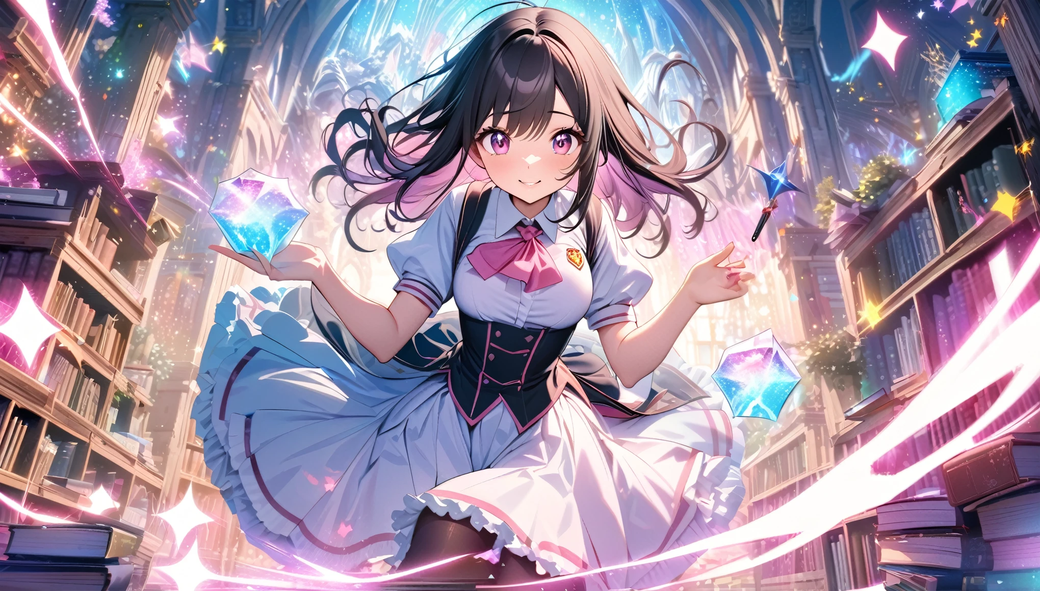 (best quality,4k,8k,highres,masterpiece:1.2),ultra-detailed, fantasy setting, Magic school, (1girl), high school boy magically transformed into a cute school girl, long black hair, fair skin, colorful lighting,fantasy world,pink eyes,gender bending,cute school girl fashion,dressed in a pink fantasy girl’s uniform with corset,a ribbon tie and knee-length skirt, petticoat,puffy sleeves, black stockings and mary jane shoes, feminine outfit,holding a magic wand,sparkling magic,female transformation spell,magical aura,mirror reflection,amazed expression,fantastical scenery,enchanted school environment,bookshelf filled with magical books,textbooks with floating letters,hairstyling tools,sparkles raining down,sparkling stars,soft and pastel colors,expressive facial features,girlish smiles, happy and confident poses,wonder and joy in her eyes,lively and dynamic composition,shimmering and glowing effects,enchanted ,eye-catching accessories,beautifully detailed lips,school bag with magical elements,subtle surreal elements,life-changing moment