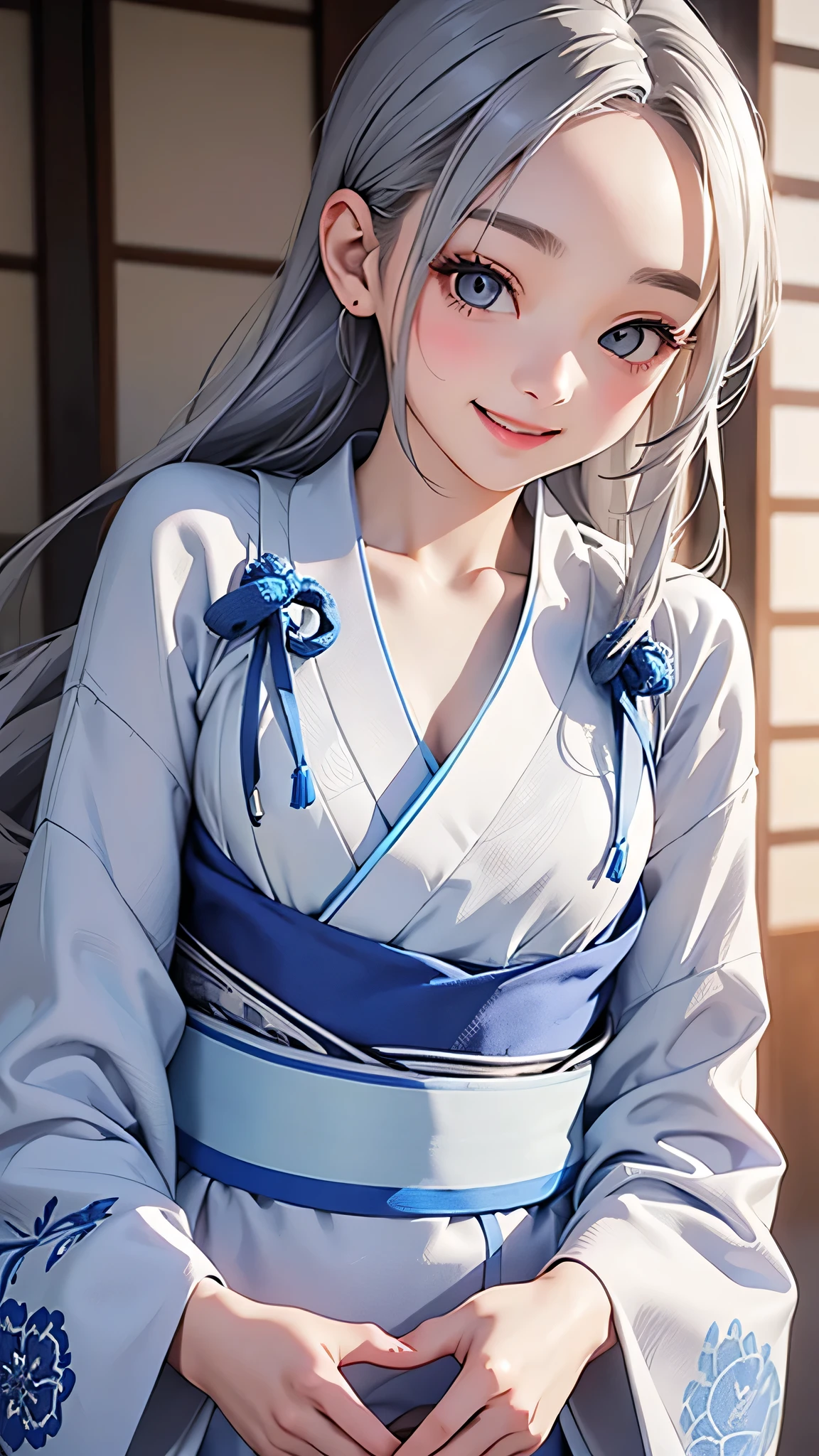 highest quality、Realistic、Japanese、girl、zoom、cute、Grey Eyes、Silver Hair、the forehead is protruding、Blue yukata、Looking down、Big smile、Bust Shot、thin、Small breasts