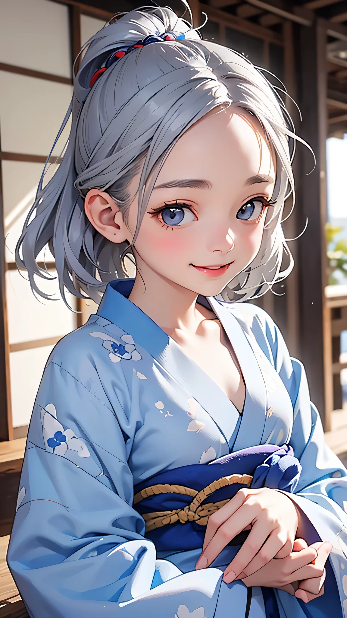 highest quality、Realistic、Japanese、girl、zoom、cute、Grey Eyes、Silver Hair、the forehead is protruding、Blue yukata、Looking down、Big smile、Bust Shot、thin、Small breasts
