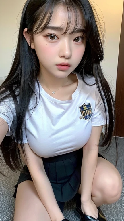 (highest quality, 8k, masterpiece ), An innocent 15-year-old high school student
, bangs、Black Hair,Big Breasts、Thighs、High gloss shirt:1.2、mini skirt, Highly detailed face, double eyelid, Strong natural light、round face、whole body、Thighs、pumpini Boots、round face、Horizontal angle,Side Angle:1.2