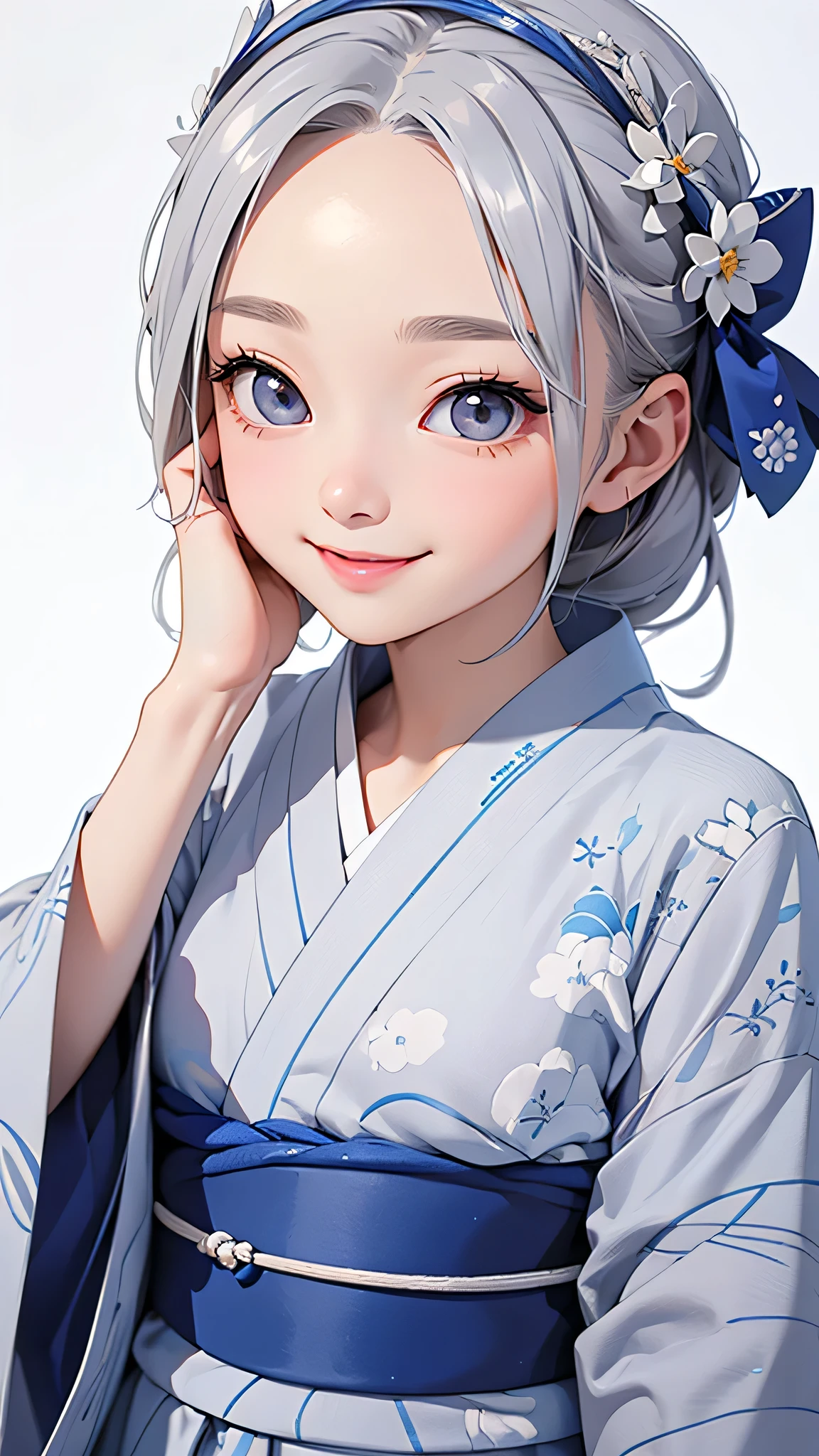 highest quality、Realistic、Japanese、girl、zoom、cute、Grey Eyes、Silver Hair、the forehead is protruding、Blue yukata、Looking down、Big smile、Bust Shot、thin、Small breasts