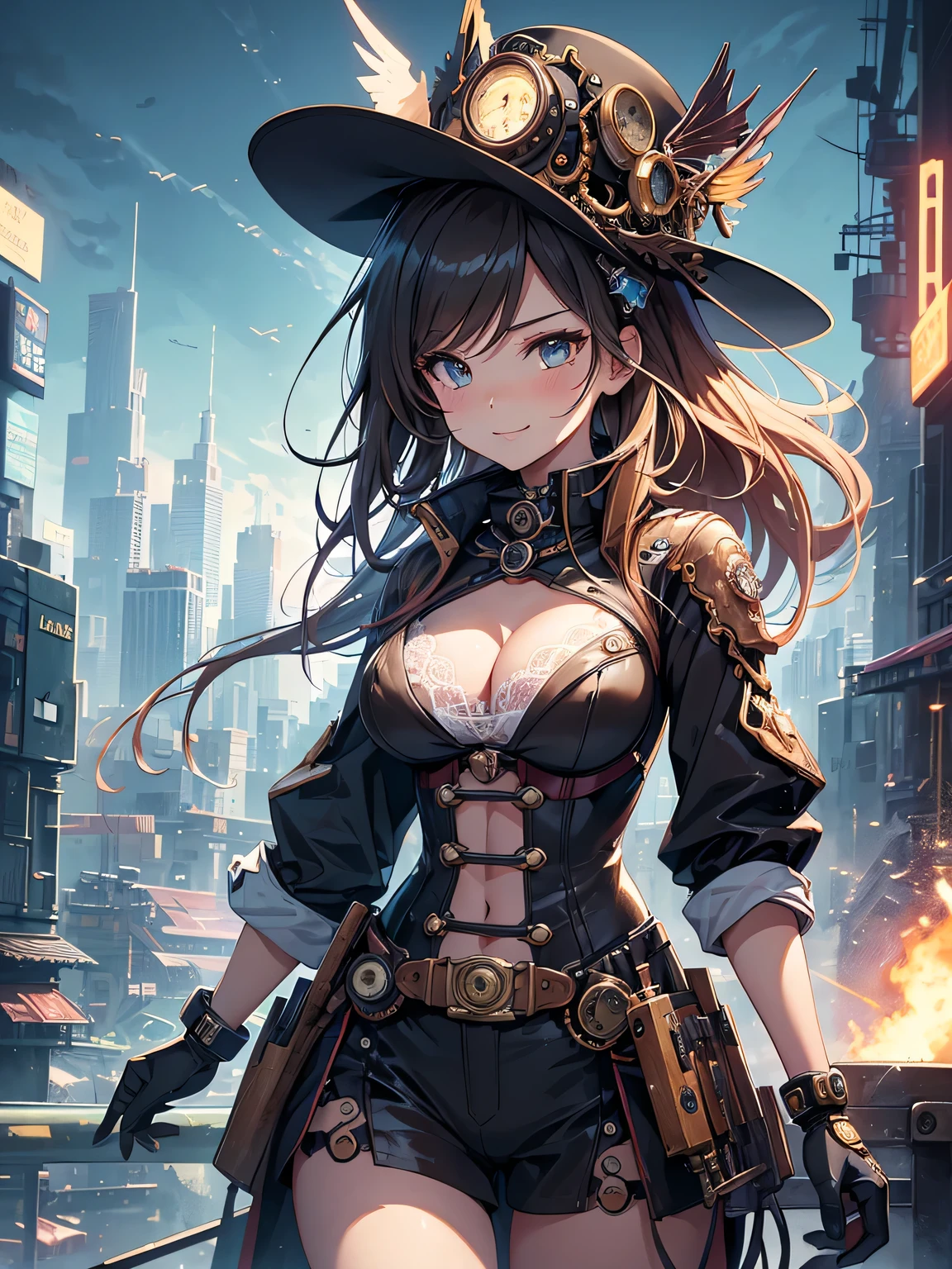 (Line art_anime),(Cowboy Shot,Low Angle, highest quality, ),(Laura Budd Photos:1.2),(Laura Add details:1.0),8k, Flat Color:0.8,1 girl,smile,(Highly decorative and complex mechanical steampunk fashion, Lace flare dolphin hat、goggleachinery background、Gear background、An elaborately mechanized steampunk cityscape 1.5),Cute pose,Dynamic Angle、