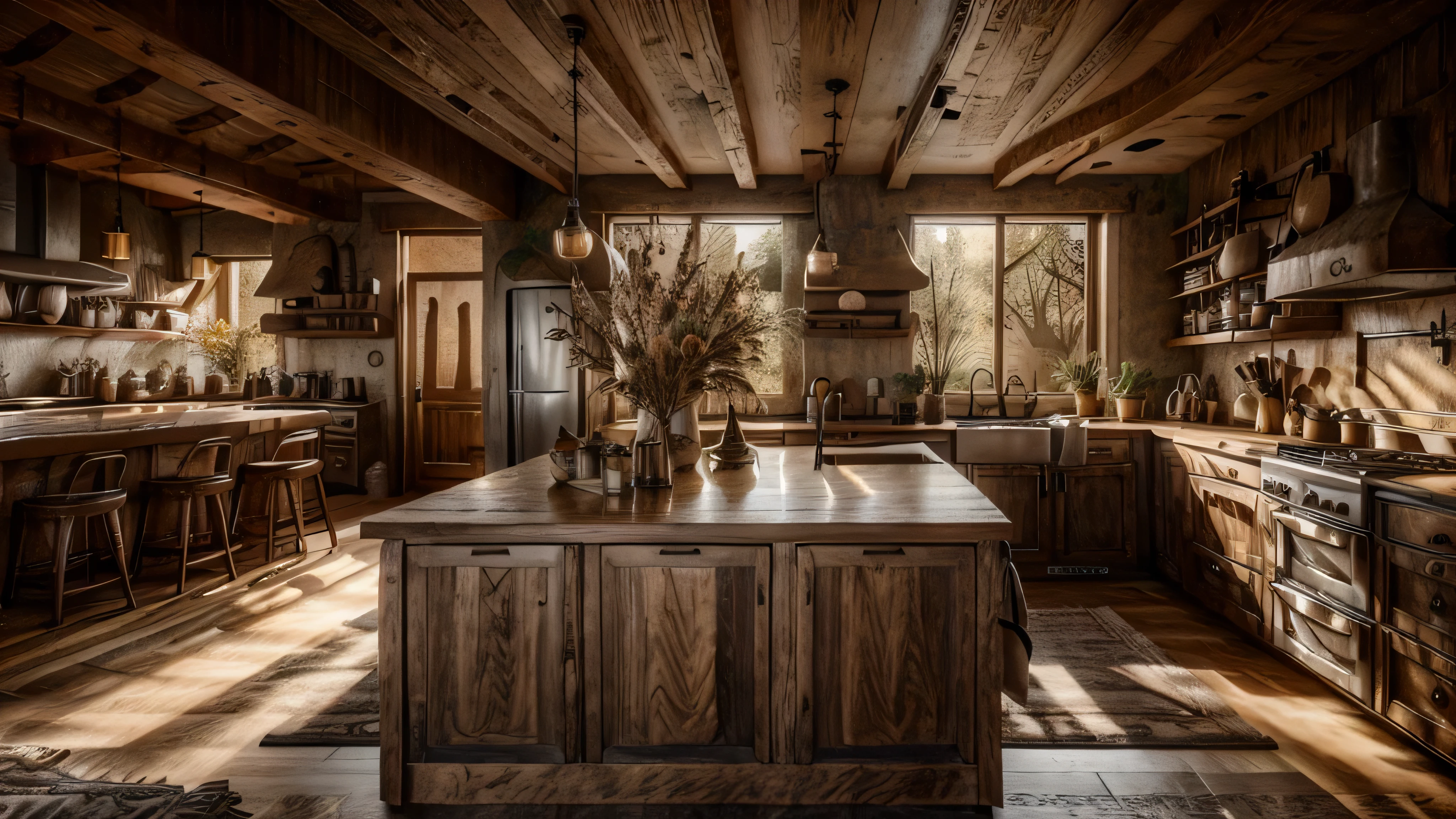 A cozy kitchen with wooden beams, vintage decor, and a large farmhouse sink. Use distressed wood finishes on cabinets and an island. Include a farmhouse dining table with mismatched chairs, open shelving, and a mix of natural materials like stone countertops and metal light fixtures. Add rustic bar stools at the kitchen island.