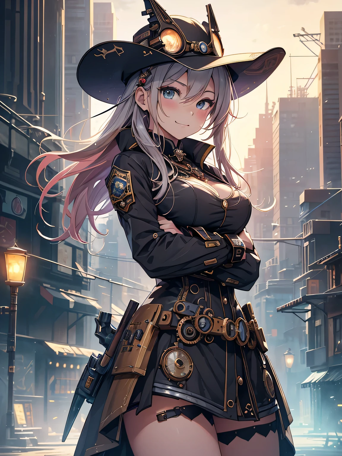 (Line art_anime),(Cowboy Shot,Low Angle, highest quality, ),(Laura Budd Photos:1.2),(Laura Add details:1.0),8k, Flat Color:0.8,1 girl,smile,(Highly decorative and complex mechanical steampunk fashion, Lace flare dolphin hat、goggleachinery background、Gear background、An elaborately mechanized steampunk cityscape 1.5),Cute pose,Dynamic Angle、