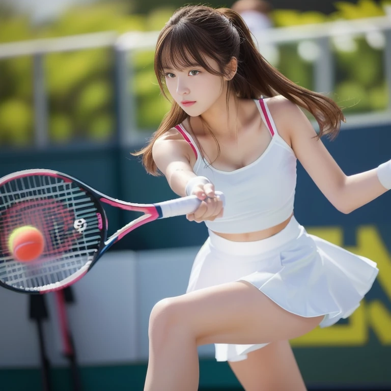 Photo-realistic quality、白いTennis Wearーを着てテニスボールを打つ20Age idol, a girl Playing tennis, Tennis Wear, Playing tennis, Japanese Model, West Shot, The moment of hitting the ball、Detailed and beautiful eyes、A soft and gentle look