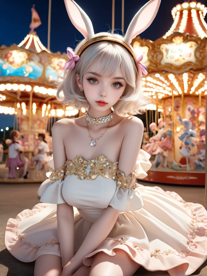  Wide-angle lens, Woman wearing fashionable spring clothes，Woman enjoying carousel at night，emaciated，Serious expression，short hair，Deadly pose，Gorgeous necklace, Light milky porcelain skin, smooth, Crystal clear skin, Enchanting anime girl, Beautiful and attractive anime woman, (Super realistic sweet bunny ears girl), Light porcelain white skin, smooth, realistic and perfect figure, Anime Girl Cosplay, Perfect body with realistic shadows