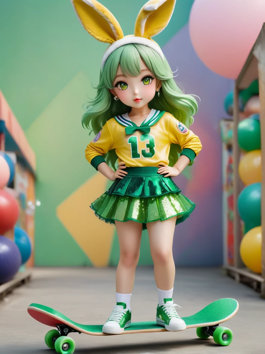 1girl，Wearing a bright yellow-green baseball uniform，Green Sequined Tulle Skirt，(rabbit ears, bunny hair ornament:1.5)，Green sneakers，strike a playful pose，Standing on a skateboard，(Close one eye:1.3)，Green eyes，Pout your cute little mouth，A faint blush，pride，Cartoon Style，full-body shot，Ballroom Background，Super Detail，Anatomically correct，masterpiece，accurate