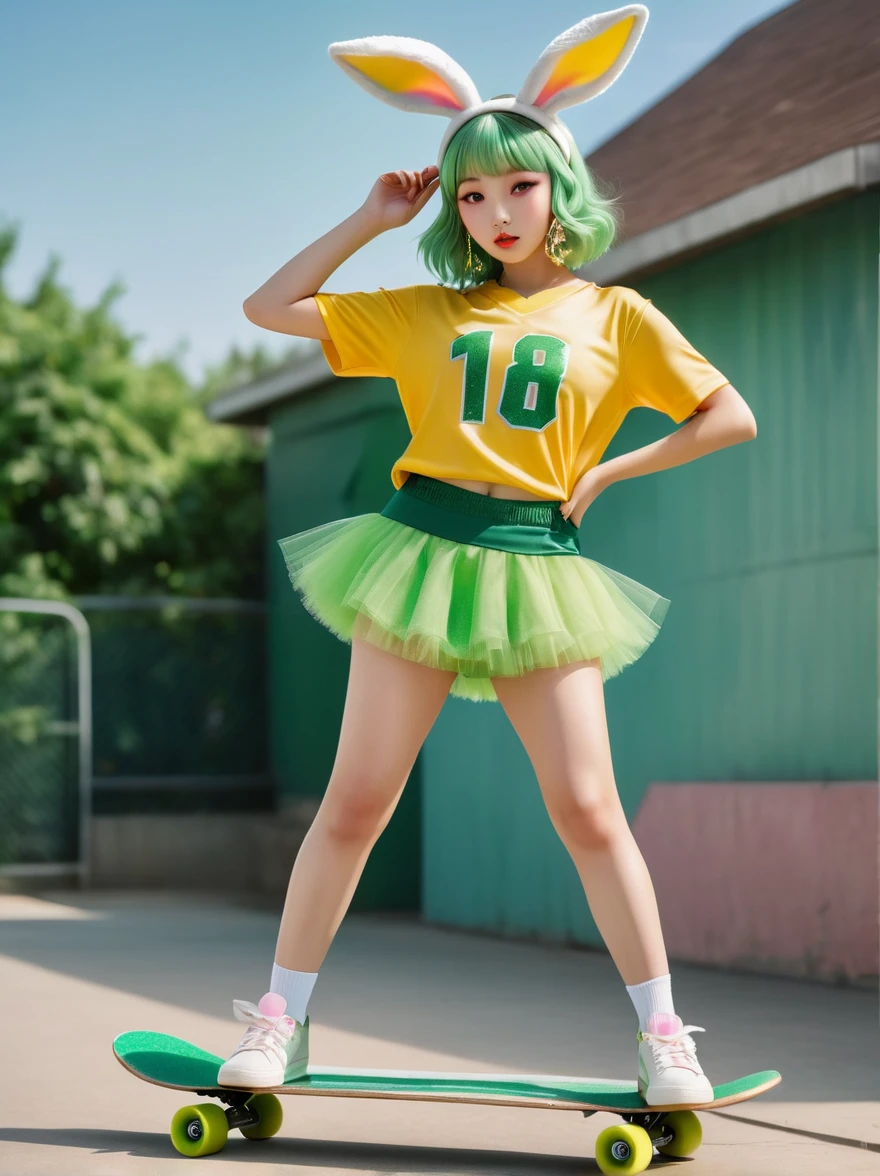 1girl，Wearing a bright yellow-green baseball uniform，Green Sequined Tulle Skirt，(rabbit ears, bunny hair ornament:1.5)，Green sneakers，strike a playful pose，Standing on a skateboard，(Close one eye:1.3)，Green eyes，Pout your cute little mouth，A faint blush，pride，Cartoon Style，full-body shot，Ballroom Background，Super Detail，Anatomically correct，masterpiece，accurate