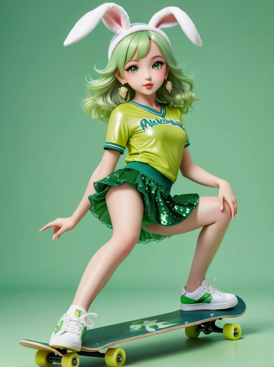 1girl，Wearing a bright yellow-green baseball uniform，Green Sequined Tulle Skirt，(rabbit ears, bunny hair ornament:1.5)，Green sneakers，strike a playful pose，Standing on a skateboard，(Close one eye:1.3)，Green eyes，Pout your cute little mouth，A faint blush，pride，Cartoon Style，full-body shot，Ballroom Background，Super Detail，Anatomically correct，masterpiece，accurate