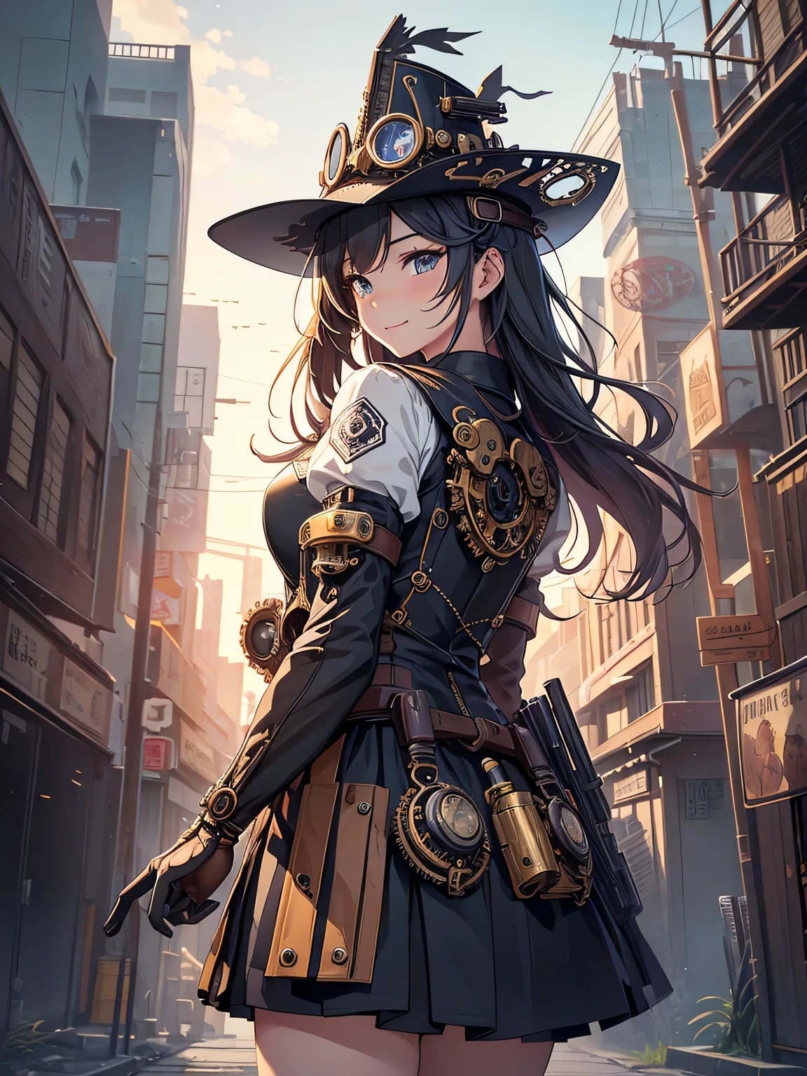 (Line art_anime),(Cowboy Shot,Low Angle, highest quality, ),(Laura Budd Photos:1.2),(Laura Add details:1.0),8k, Flat Color:0.8,1 girl,smile,(Highly decorative and complex mechanical steampunk fashion, Lace flare dolphin hat、goggleachinery background、Gear background、An elaborately mechanized steampunk cityscape 1.5),Cute pose,Dynamic Angle、