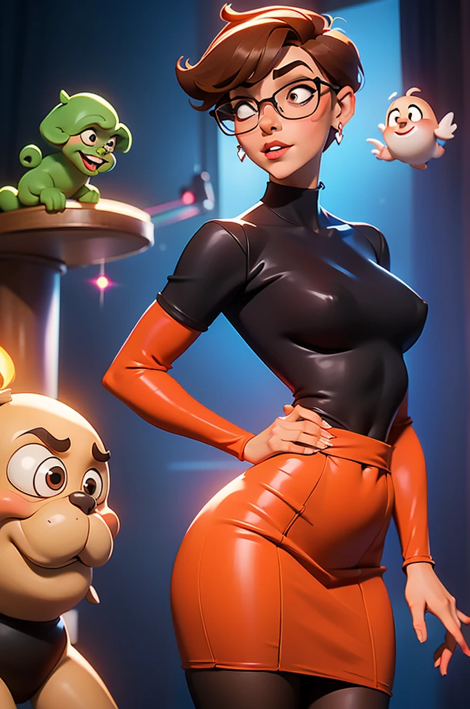 (((waist up))), (((perfect body))), (((voluptuous))), (((hot))), thick thighs, Velma Dace Dinkley teenager (from the Scooby-Doo series), posing for self with a ghost behind her, arm stretched out for freight as if she were holding a cell phone, comedic scene, perfect body, gorgeous and intelligent face, front view, mini skirt, glasses, big breasts, hot, short brown hair, orange turtleneck blouse,  red skirt, waist up