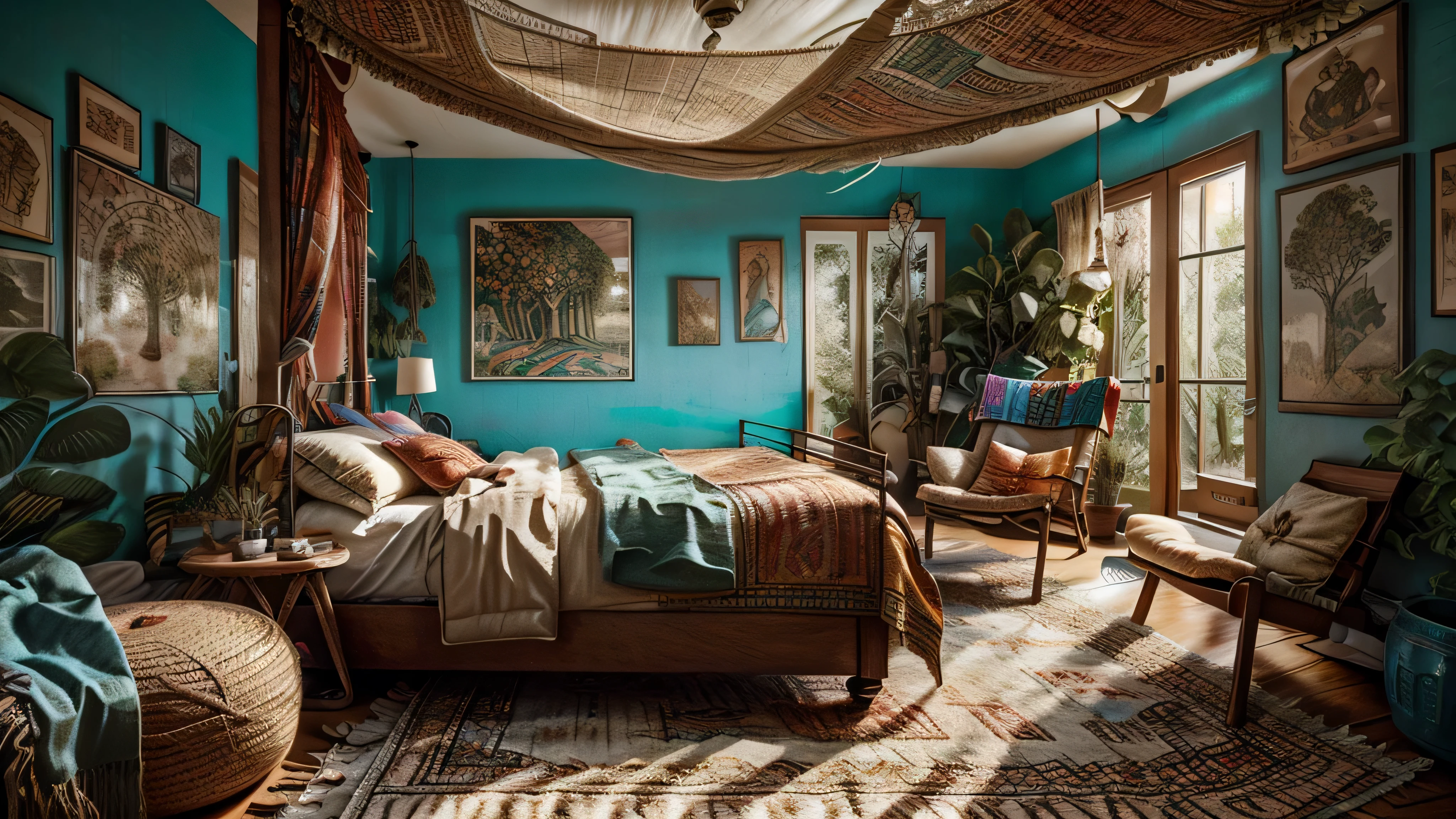 A vibrant and eclectic bedroom with a mix of colorful textiles, ethnic patterns, and an abundance of plants. Incorporate a low platform bed with a canopy, a variety of patterned throw pillows, and layered rugs. Add a vintage dresser, a macramé wall hanging, and a hanging chair in one corner.