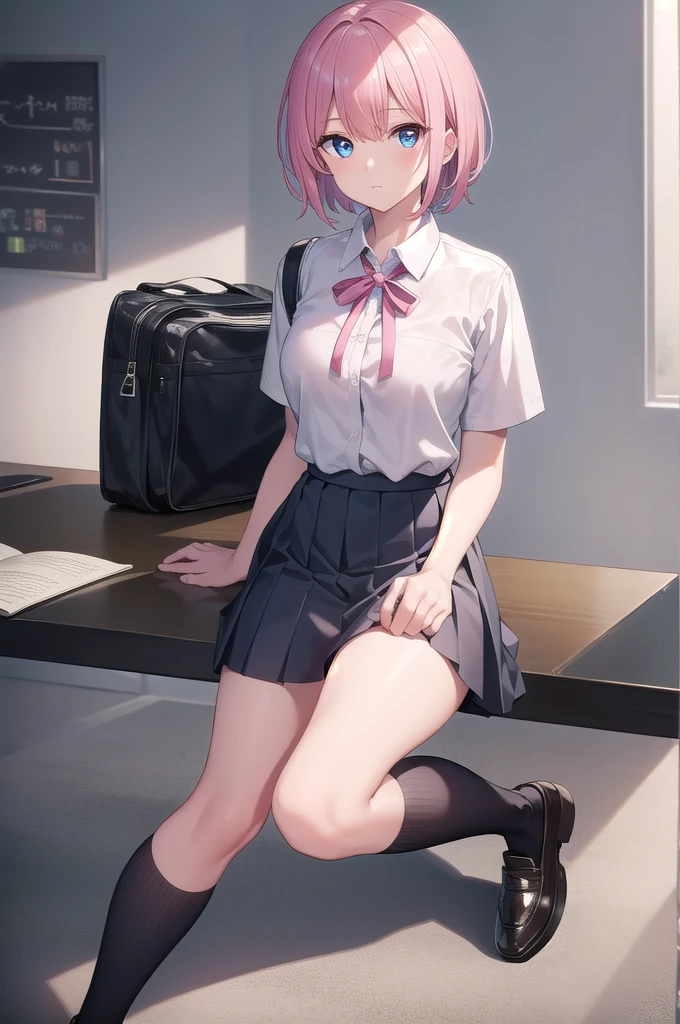 ichikanakano, ichika nakano, short hair, bangs, blue eyes, hair between eyes, pink hair,
BREAK skirt, shirt, , white shirt, short sleeves, pleated skirt, shoes, socks, collared shirt, black footwear, sweater, white socks, green skirt, loafers, clothes around waist,
BREAK indoors, classroom,
BREAK looking at viewer, BREAK (masterpiece:1.2), best quality, high resolution, unity 8k wallpaper, (illustration:0.8), (beautiful detailed eyes:1.6), extremely detailed face, perfect lighting, extremely detailed CG, (perfect hands, perfect anatomy),