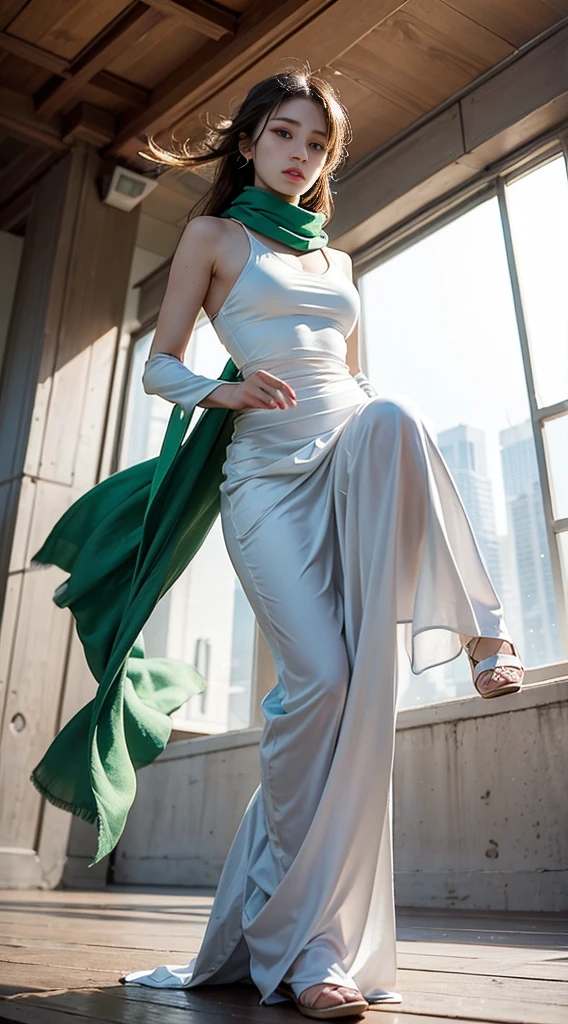 masterpiece, highest quality, Realistic, (1 girl: 1.3), green、Money、White clothes, Shawl Long Hair, Jump, leap, dance, green、Money、White clothes, Long skirt, Long scarf, Flowing, Light Armor, Pure white skin, Exposing shoulders, whole body, (From below:1.5), martial arts, dynamics, inflammation, particle