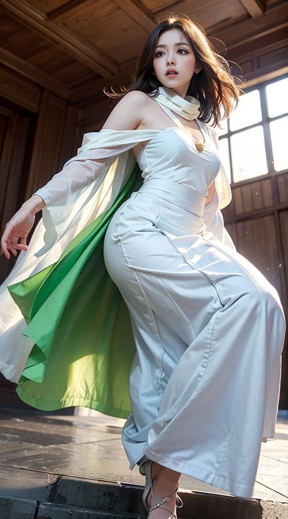 masterpiece, highest quality, Realistic, (1 girl: 1.3), green、Money、White clothes, Shawl Long Hair, Jump, leap, dance, green、Money、White clothes, Long skirt, Long scarf, Flowing, Light Armor, Pure white skin, Exposing shoulders, whole body, (From below:1.5), martial arts, dynamics, inflammation, particle