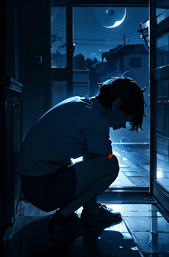 Abused boy、high school student、Short sleeve shorts、Short black hair、Crouched down、Dark Room、I can see the moon from the window、night