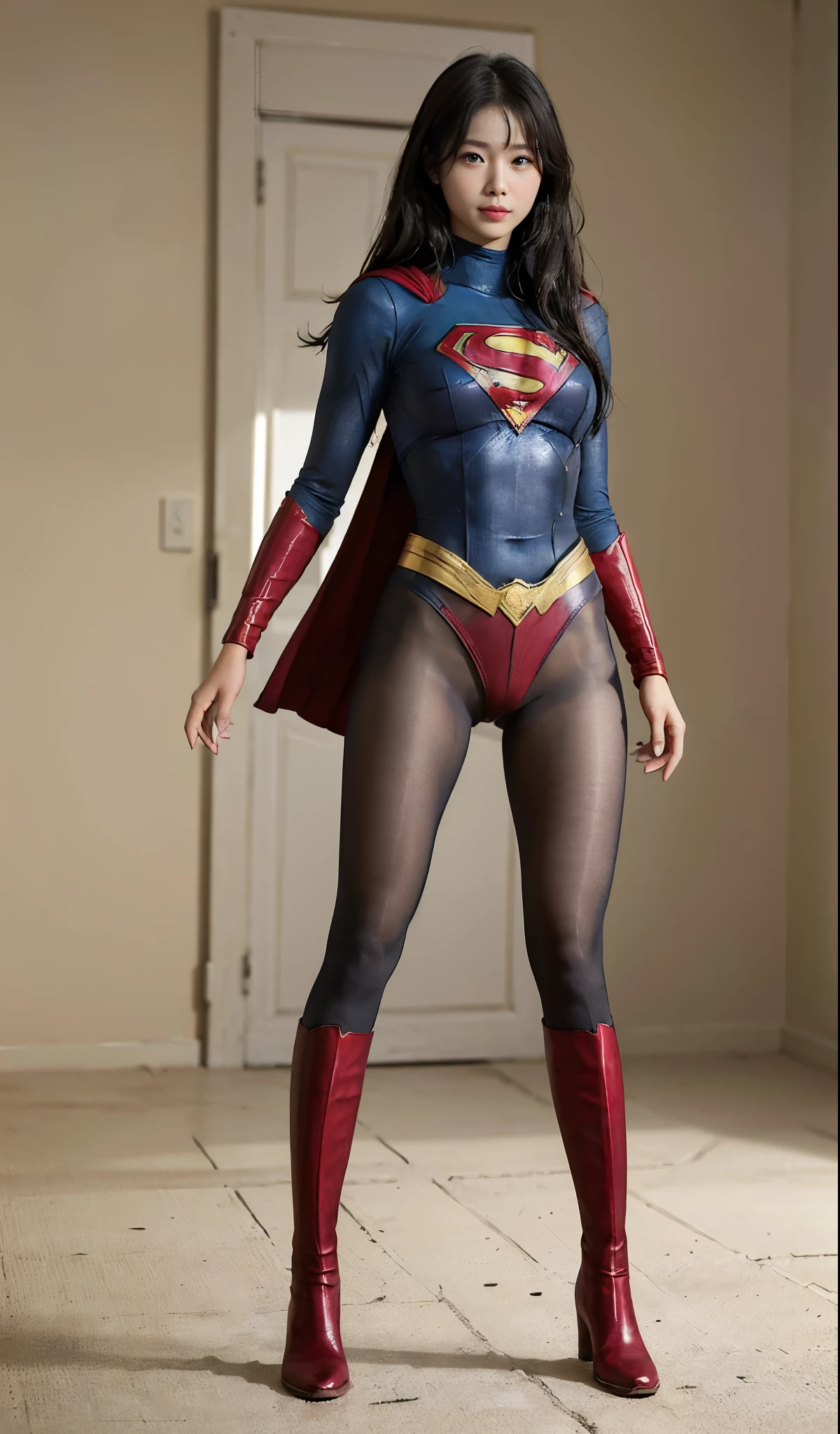No background、(((Beautiful legs in black tights.)))、(((Legally express the beauty of your smile)))、((((Make the most of your original images)))、(((Supergirl Costume)))、(((Beautiful Hair)))、(((suffering)))、(((Please wear black tights....、Wear red boots)))、((Best image quality、8k))、((highest quality、8k、masterpiece:1.3))、(((Preserve background )))、Sharp focus:1.2、Beautiful woman with perfect figure:1.lim Abs:1.2、Wet body:1.5、Highly detailed face and skin texture、8k