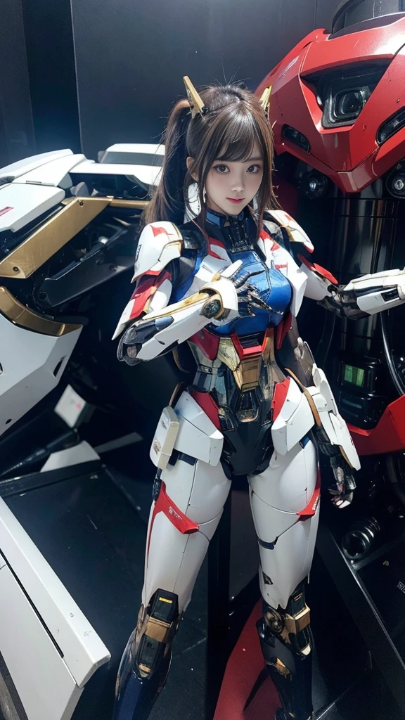 Textured skin, Super Detail, high details, High quality, Best Quality, hight resolution, 1080p, hard disk, Robot Girl,(Gundam Girl),beautiful cyborg woman,Mecha Cyborg Girl,Battle Mode,Girl with a Mecha Body,She wears a futuristic Gundam mecha,Fulll body Shot,Mobile Suit Girl