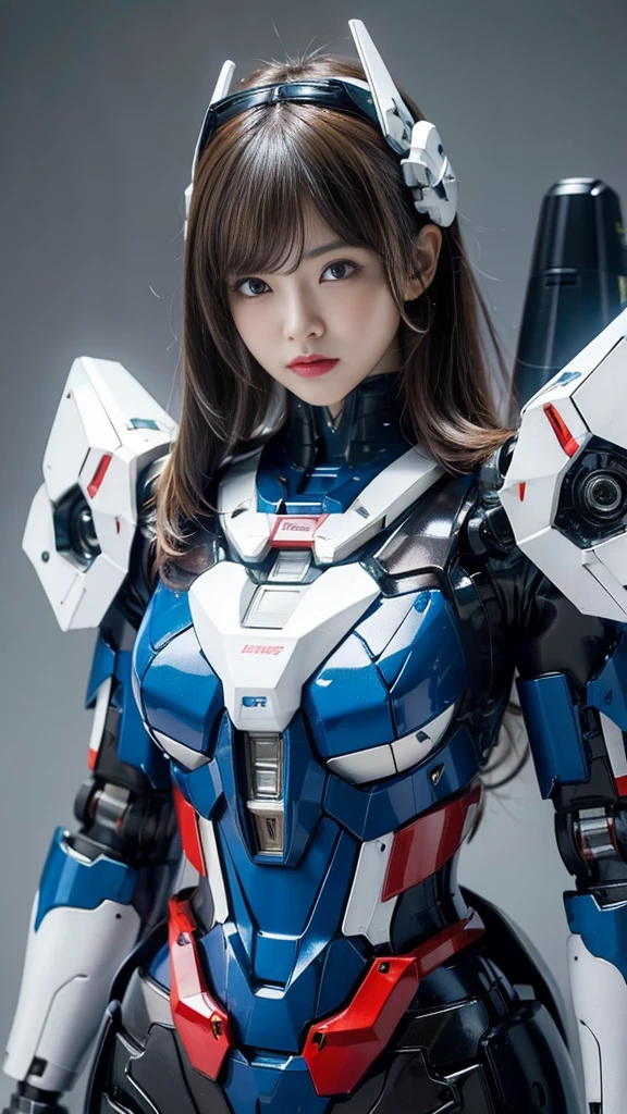 Textured skin, Super Detail, high details, High quality, Best Quality, hight resolution, 1080p, hard disk, Robot Girl,(Gundam Girl),beautiful cyborg woman,Mecha Cyborg Girl,Battle Mode,Girl with a Mecha Body,She wears a futuristic Gundam mecha,Fulll body Shot,Mobile Suit Girl