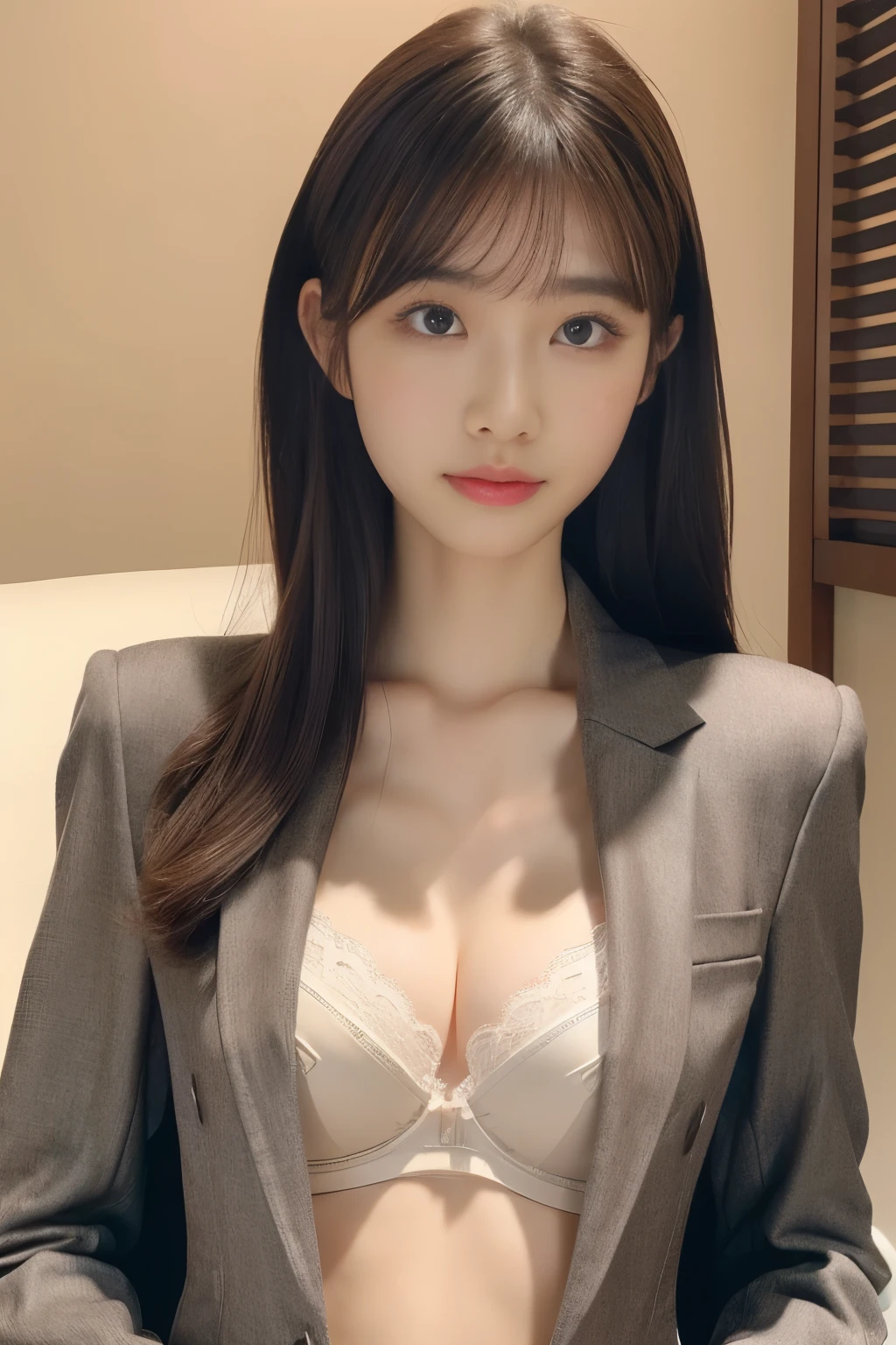 ,realistic,(ultra quality:1.2),japanese,high quality,masterpiece,(ultra detailed:1.4),japanese lady,beautiful eye,beautiful face,(realistic bra:1.4),((living room)),(slender:1.3),highres,make up,(skirt suit:1.3),real background,small cleavage