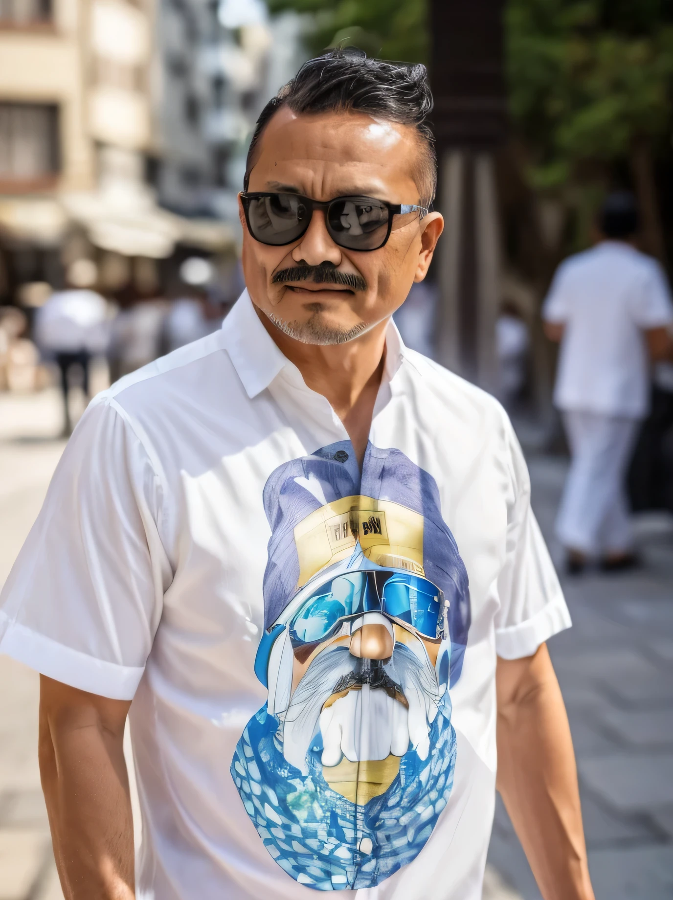 50 ans，Hidetoshi Nakata ，（Kogoro meurt 1.3), chemise blanche, Pantalon olive, Tong, moustache， barbe, lunettes de soleil ray ban, lieux touristiques, beau panorama, Great detail, photographie photo, Quality&#39;image du fond d&#39;screen, chef-d&#39;artwork, 4K HD, 8k HD, 16K HD