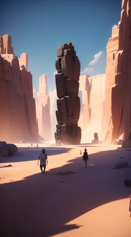 Two people walking near a large rock in the desert, Unreal Engine 5 Showcase, 24mm Anamorphic Lens, Inspired by Sanford Robinson Gifford, Screenshots, Music video screenshot, Silvan Saray and Igor Moskovsky, interior Screenshots, 2019, television screenshot