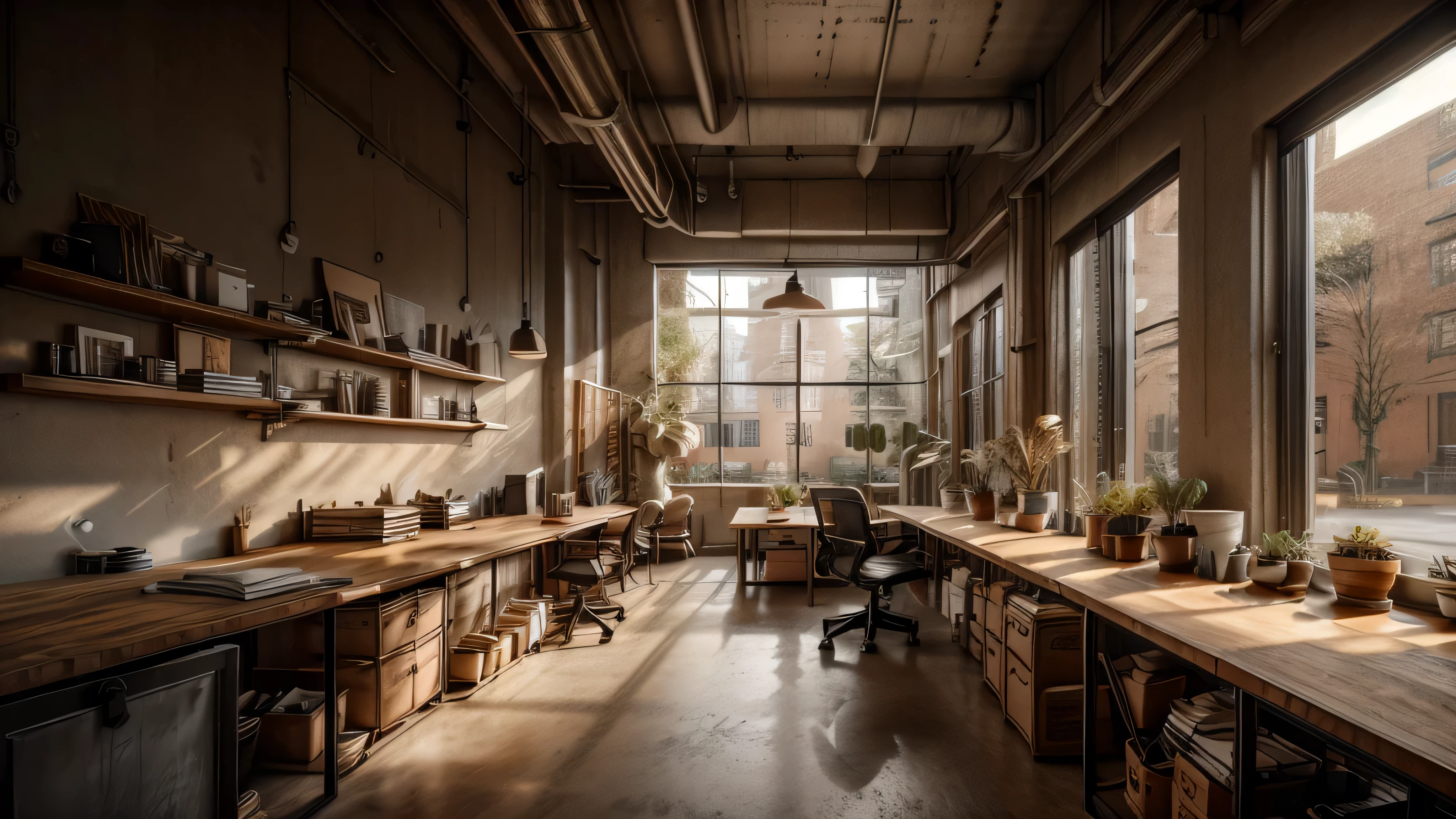 An urban office space with exposed brick walls, metal fixtures, and large windows. Highlight raw materials with a reclaimed wood desk, a metal filing cabinet, and industrial-style shelving. Use minimalist, functional furniture such as an ergonomic office chair, and include a large, industrial-style pendant light.