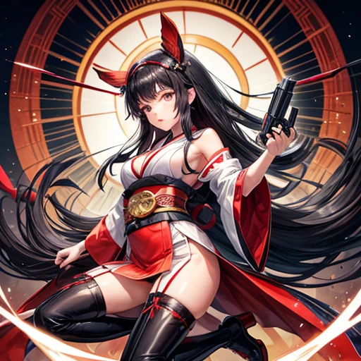 A black-haired woman wearing a shrine maiden outfit with leg slits　Spread your legs　The upper body is fluttering　Have a revolver gun　Thigh-high boots