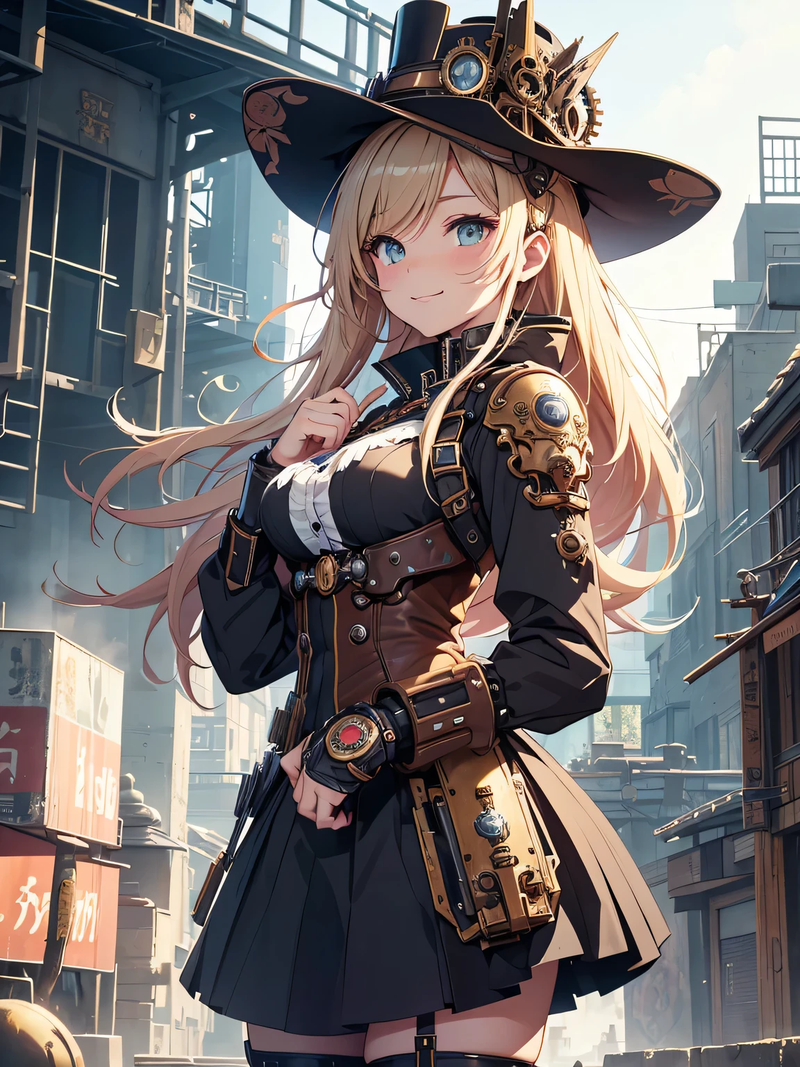 (Line art_anime),(Cowboy Shot,Low Angle, highest quality, ),(Laura Budd Photos:1.2),(Laura Add details:1.0),8k, Flat Color:0.8,1 girl,smile,(Highly decorative and complex mechanical steampunk fashion, Lace flare dolphin hat、goggleachinery background、Gear background、An elaborately mechanized steampunk cityscape 1.5),Cute pose,Dynamic Angle、