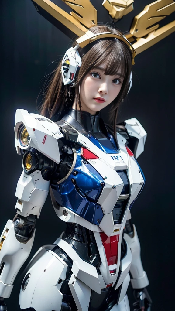Textured skin, Super Detail, high details, High quality, Best Quality, hight resolution, 1080p, hard disk, Robot Girl,(Gundam Girl),beautiful cyborg woman,Mecha Cyborg Girl,Battle Mode,Girl with a Mecha Body,She wears a futuristic Gundam mecha,Fulll body Shot,Mobile Suit Girl