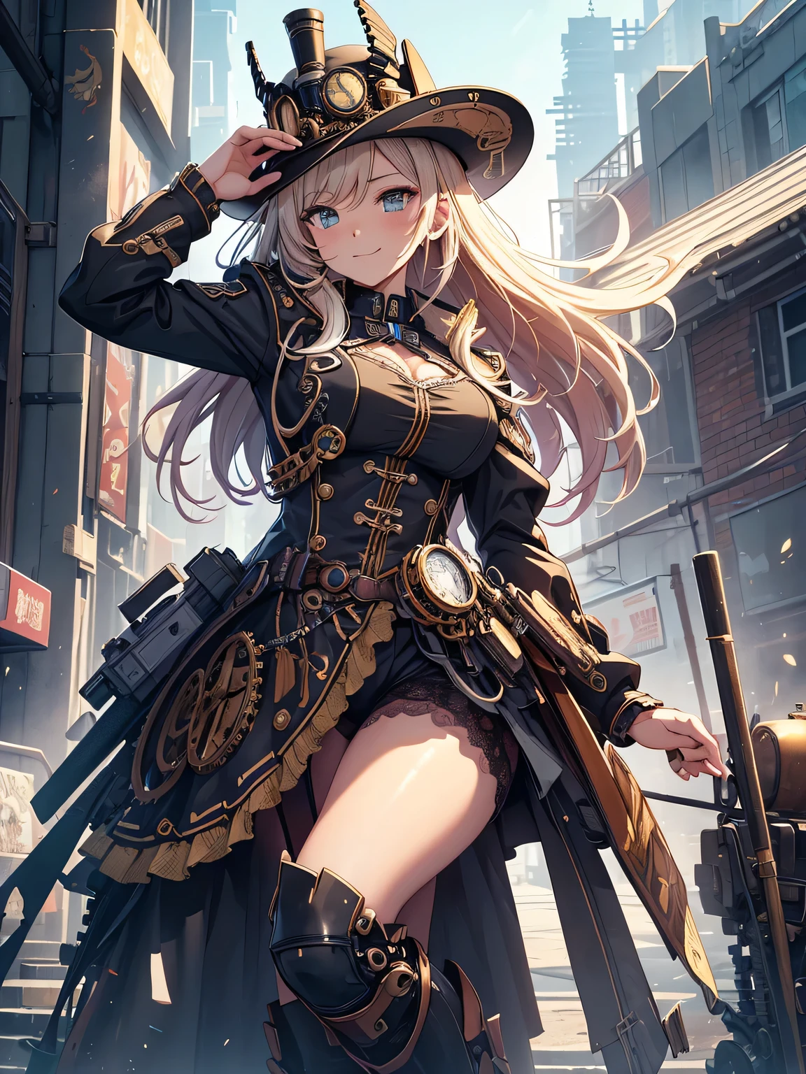 (Line art_anime),(Cowboy Shot,Low Angle, highest quality, ),(Laura Budd Photos:1.2),(Laura Add details:1.0),8k, Flat Color:0.8,1 girl,smile,(Highly decorative and complex mechanical steampunk fashion, Lace flare dolphin hat、goggleachinery background、Gear background、An elaborately mechanized steampunk cityscape 1.5),Cute pose,Dynamic Angle、