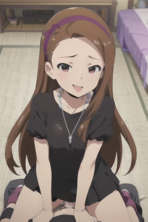 (((pixel-perfect, detail-perfect))), solo, 1girl, iori minase, black shirt, necklace, stuffed bunny, (girl rides on top of guy perfectly:1.3), (girl having sex:1.9), (stick out tongue), sad face, smile, :d